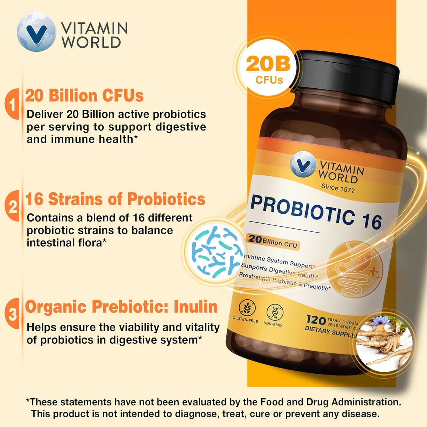 Vitamin World Probiotic 16: 20 Billion CFU, 16 Strains for Digestive & Immune Health - Non-GMO, Gluten Free, 120 Capsules
