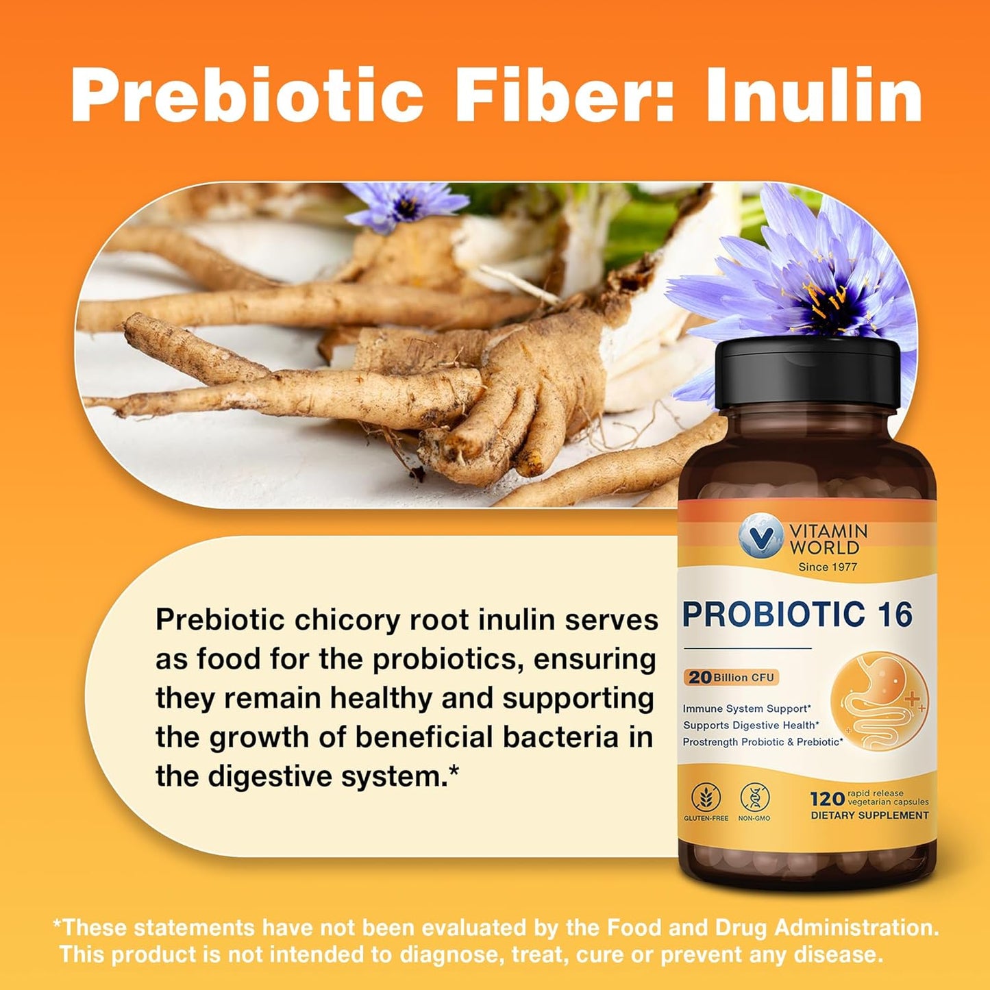 Vitamin World Probiotic 16: 20 Billion CFU, 16 Strains for Digestive & Immune Health - Non-GMO, Gluten Free, 120 Capsules