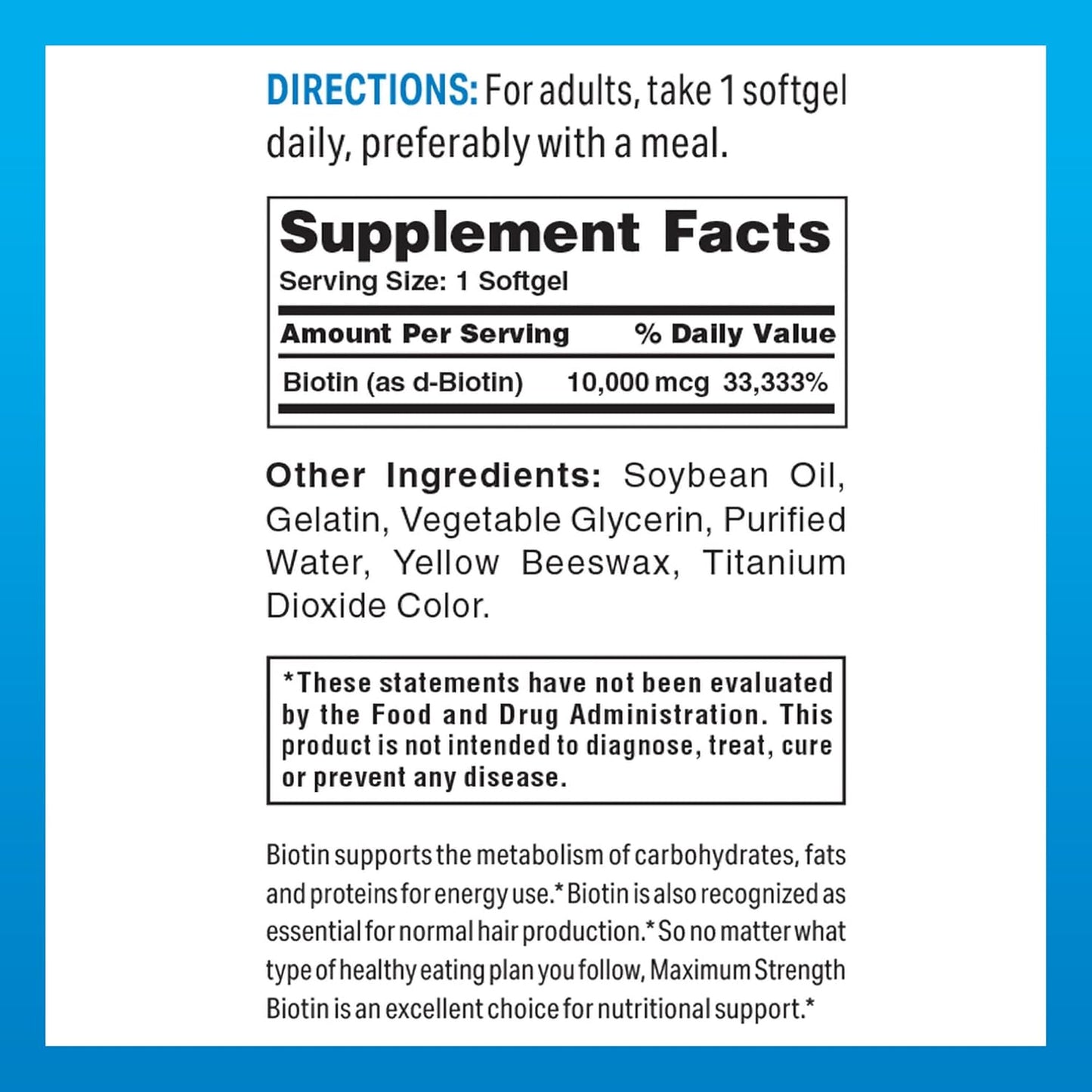 Vitamin World Ultra Mega Biotin 10,000 mcg Softgels - 50 Count, High Potency B Vitamin Supplement for Hair, Skin, Nails - Gluten Free, Rapid Release