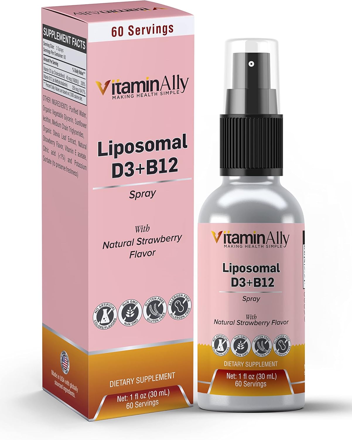 Vitaminally Liposomal Liquid Vitamin D3 and B12 Spray - 2 Month Supply - 1 fl oz - Non-GMO - Sugar Free - Immune and Bone Health Support