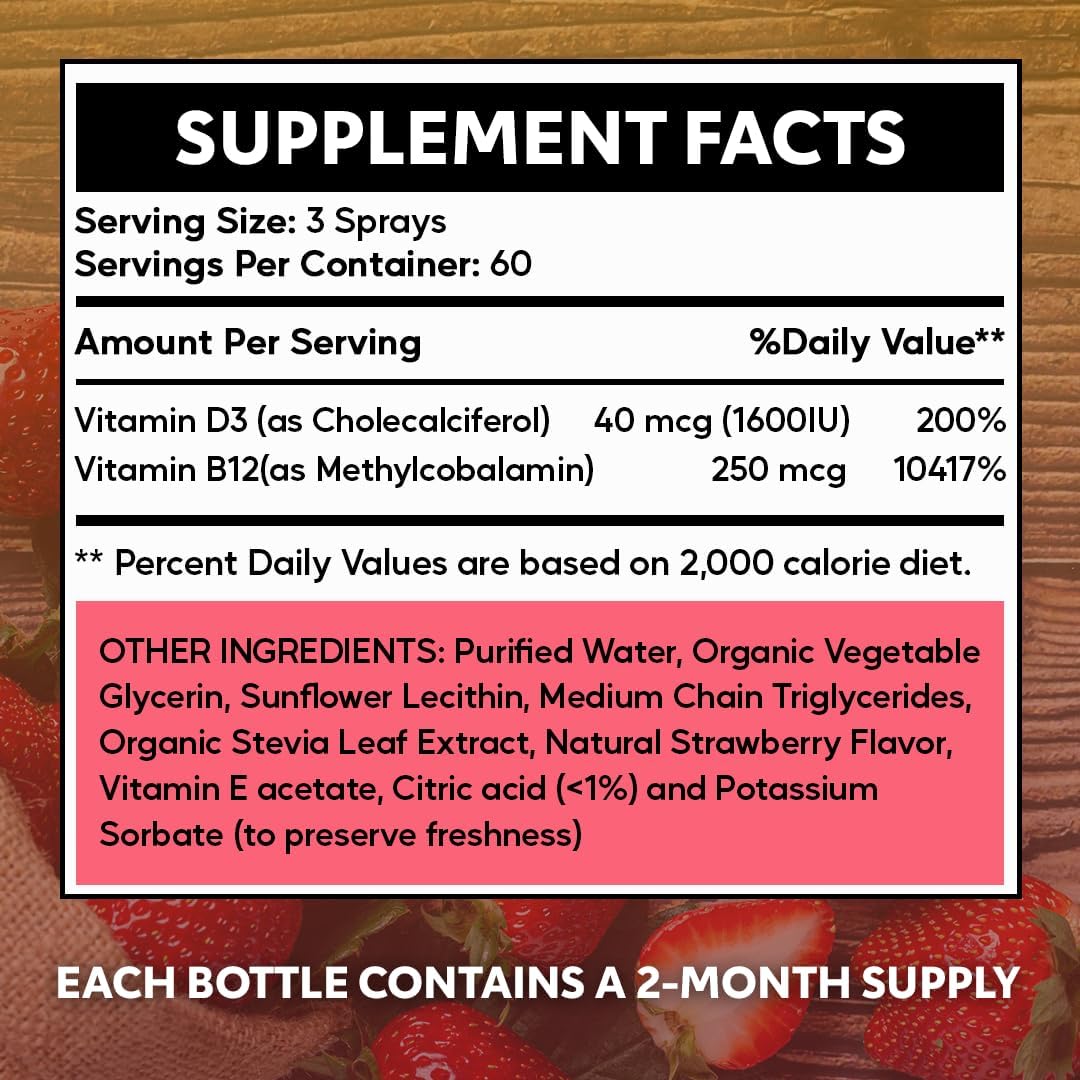 Vitaminally Liposomal Liquid Vitamin D3 and B12 Spray - 2 Month Supply - 1 fl oz - Non-GMO - Sugar Free - Immune and Bone Health Support