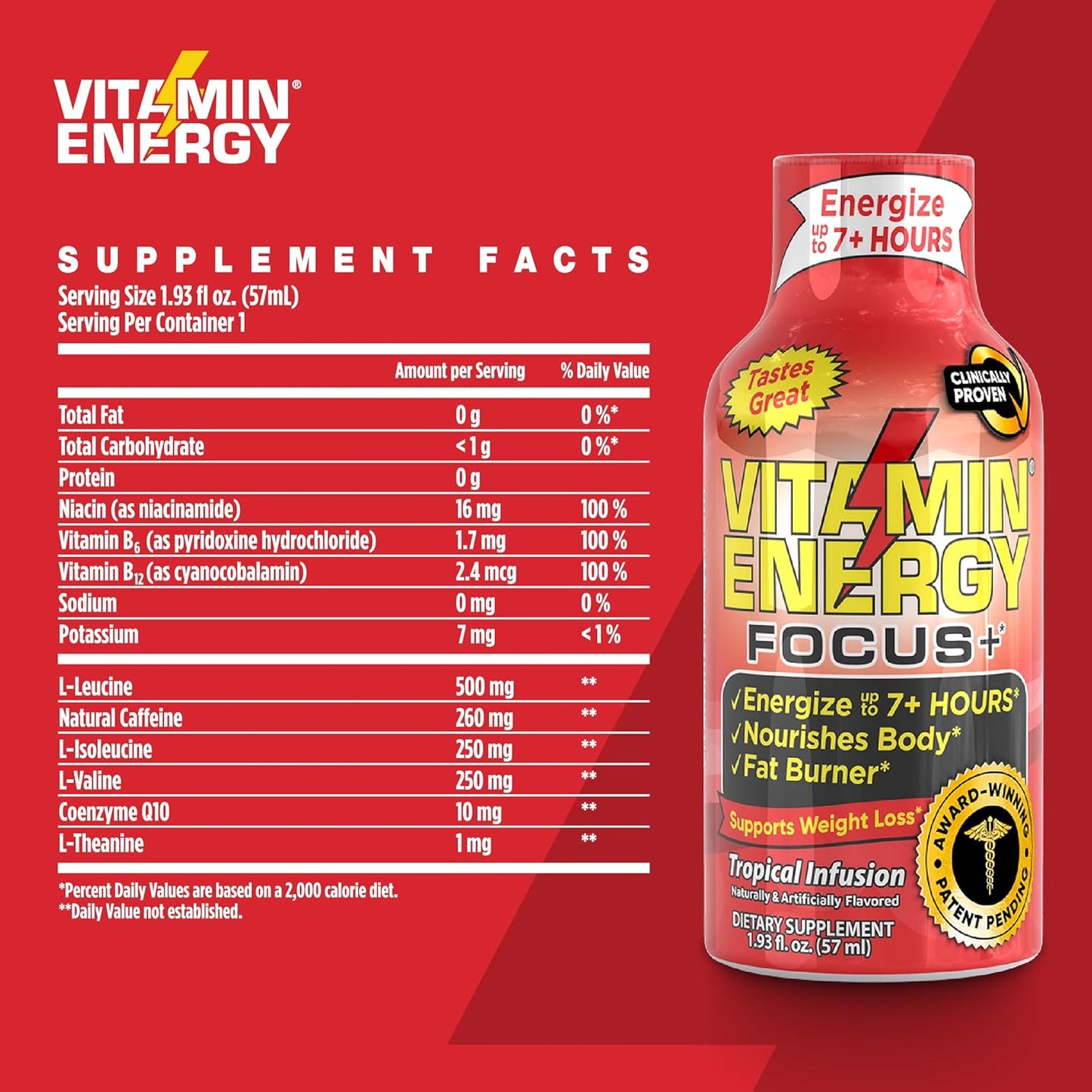 VitaminEnergy™ Keto Energy Shot (12 Pack) - Focus+ Formula with BCAAs & COQ10, Lasts 7+ Hours, 1.93 fl oz
