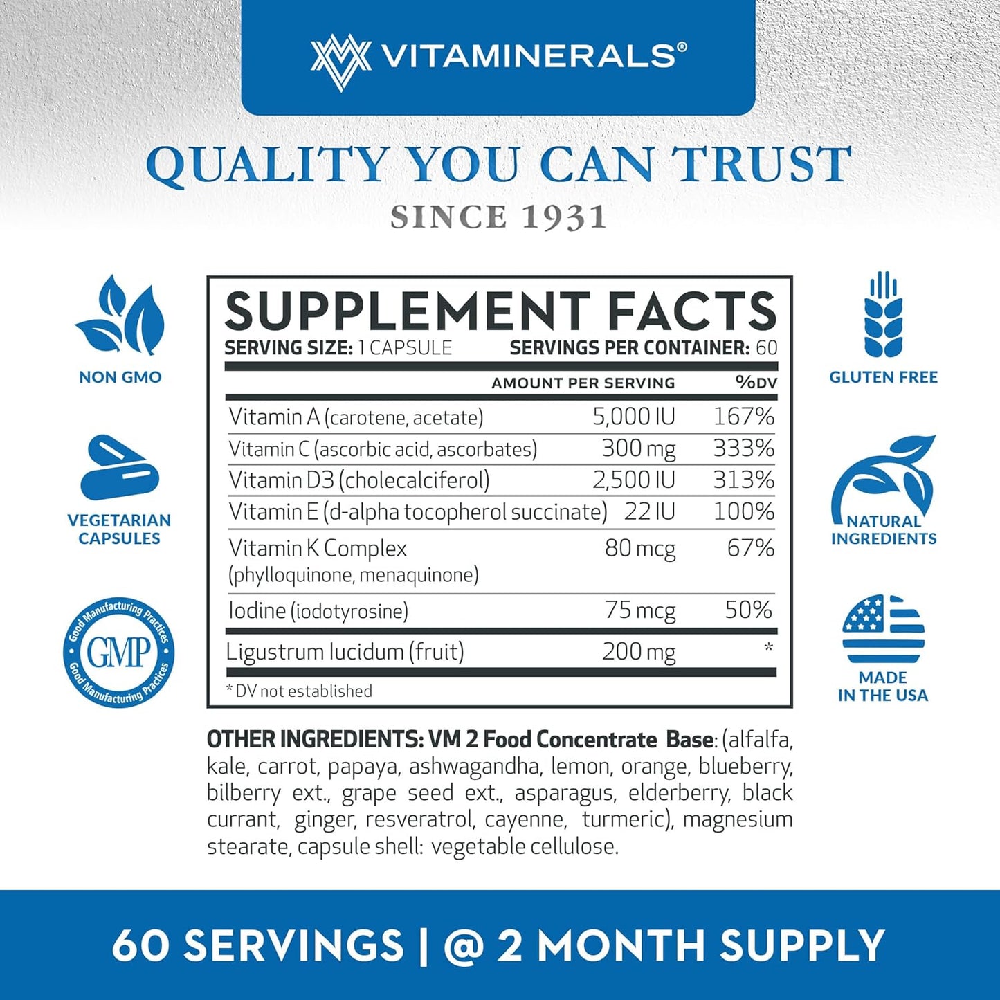 Vitaminerals® Vitamin D3 + K Complex with Veggies & Fruits Blend - 2500iu D, 80mcg K - 60 Capsules