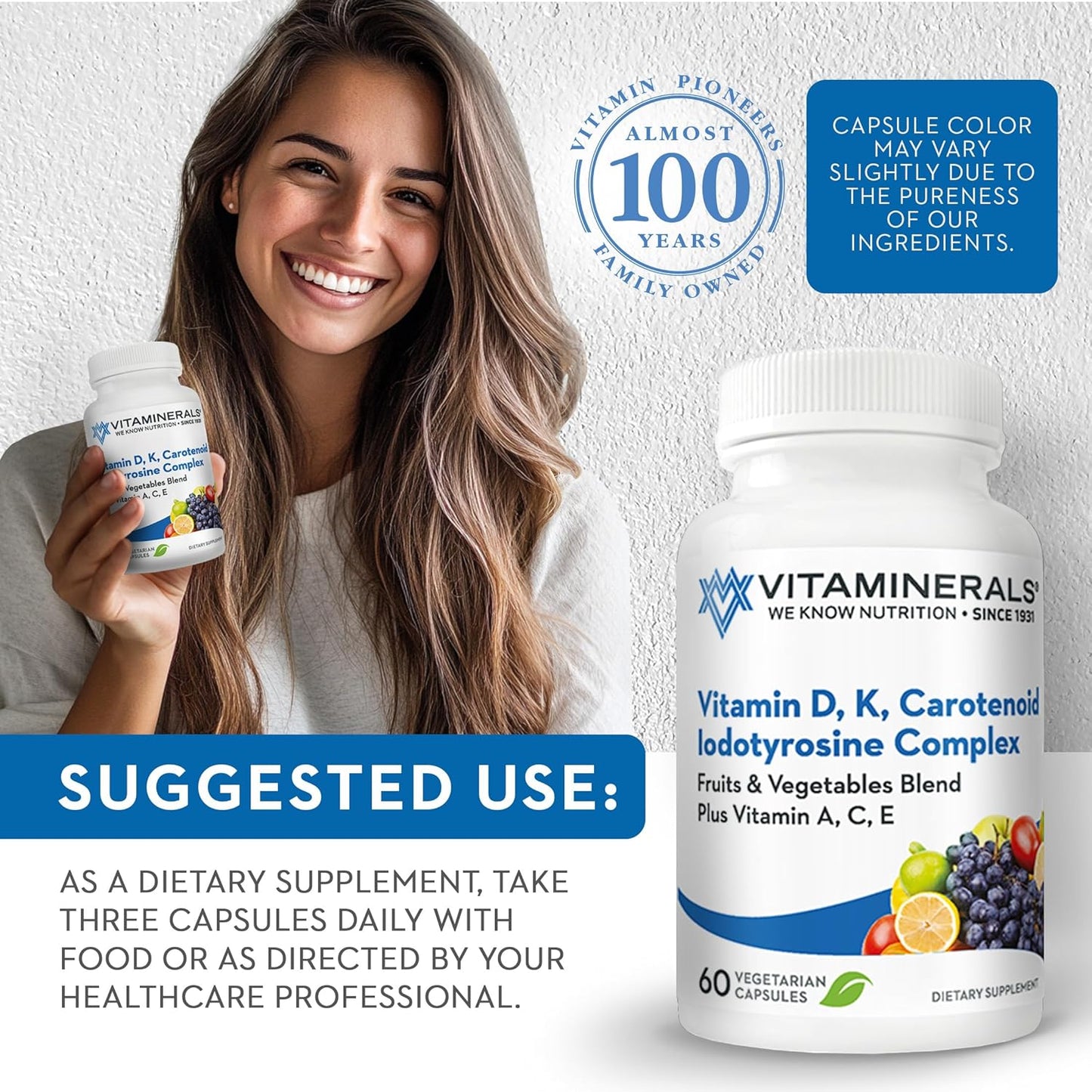 Vitaminerals® Vitamin D3 + K Complex with Veggies & Fruits Blend - 2500iu D, 80mcg K - 60 Capsules