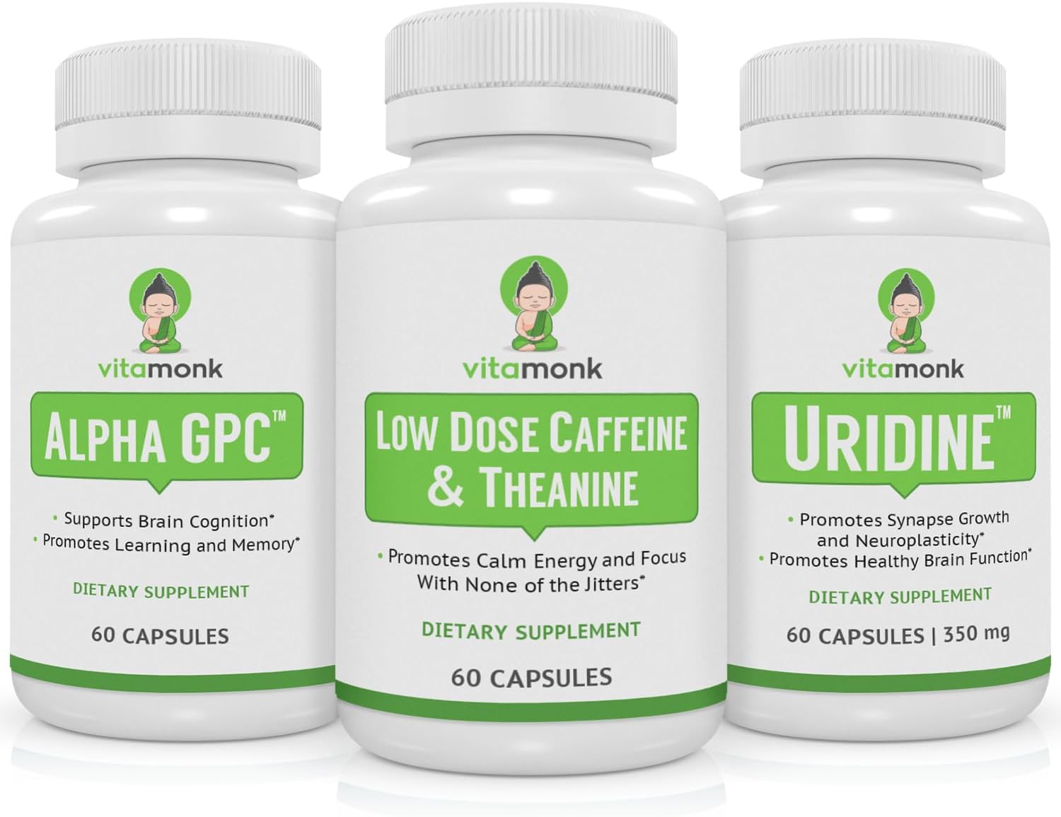 VitaMonk Brain Boost Bundle with Alpha GPC, Uridine, Low Dose Caffeine, and L-Theanine - Cognitive Enhancement Supplement Pack