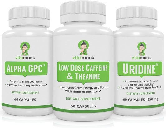 VitaMonk Brain Boost Bundle with Alpha GPC, Uridine, Low Dose Caffeine, and L-Theanine - Cognitive Enhancement Supplement Pack