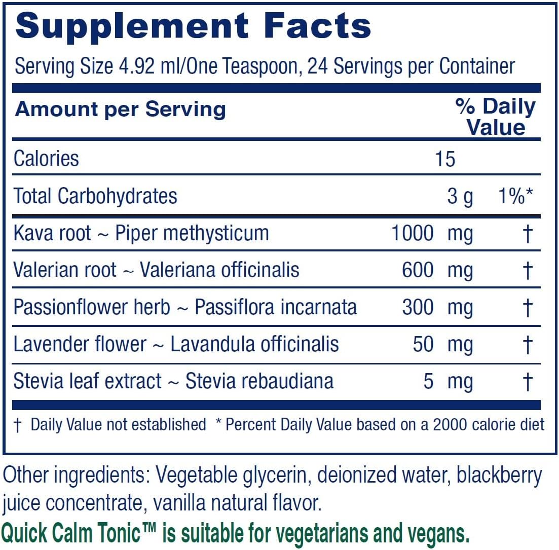 Vitanica Quick Calm Tonic - Herbal Stress Support Supplement with Lavender, Valerian, Kava, Passionflower - BlackBerry Vanilla - 4 Fl Oz