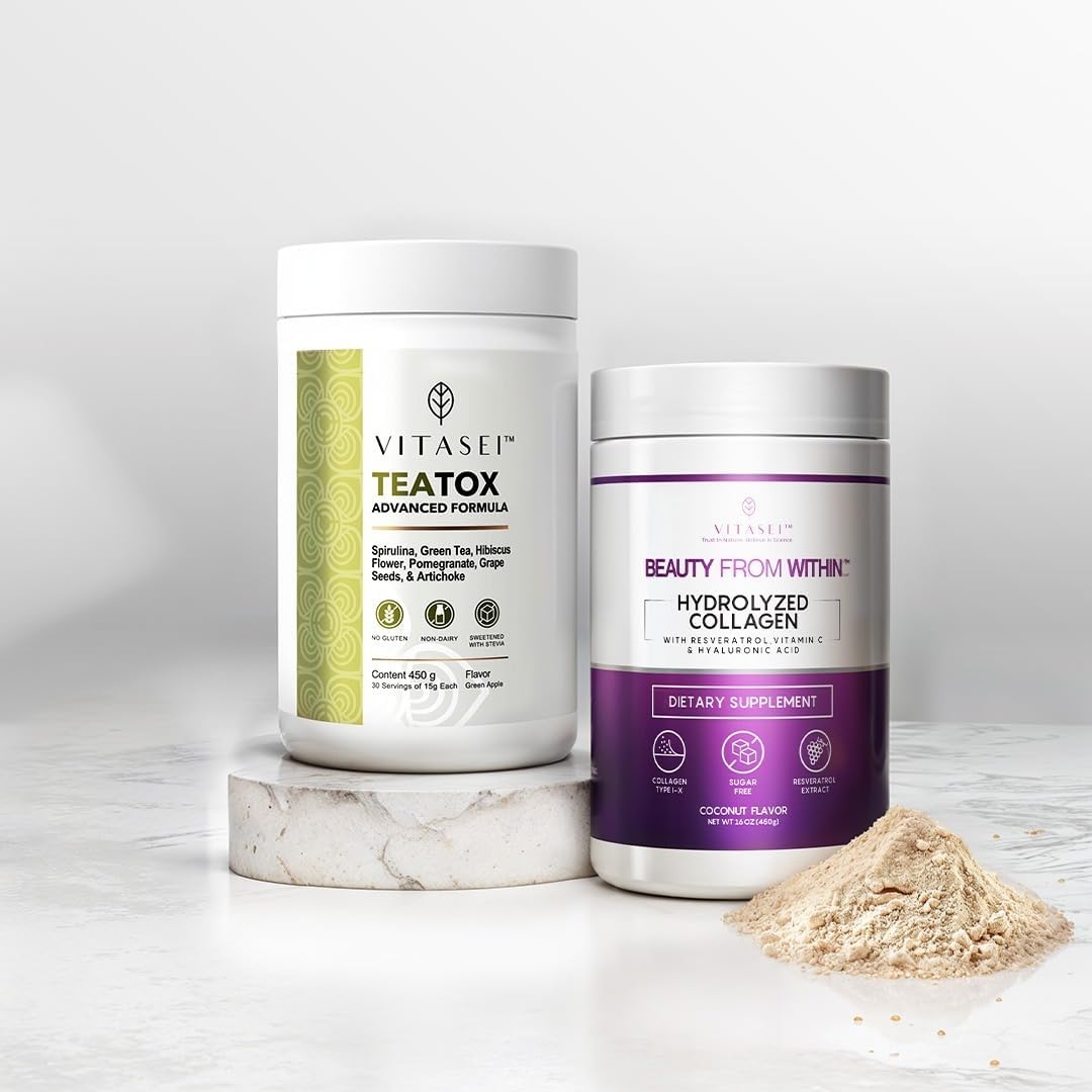 VITASEI Coconut Collagen & Teatox Detox Bundle - Supports Hair, Skin, Nails, and Digestive Health with Hydrolyzed Collagen Peptides Powder & Cleanse Support Powder