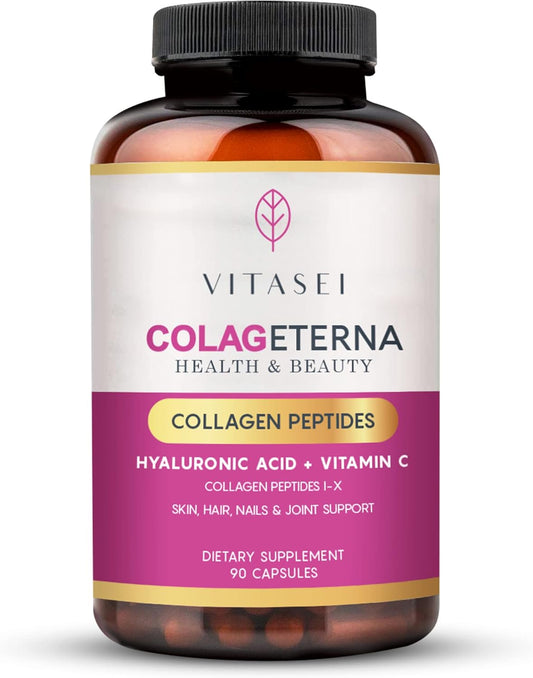 VITASEI Collagen Supplements for Hair, Skin, Nails, and Joints - Type I & X Collagen Peptides with Hyaluronic Acid and Vitamin C - 90 Capsules for Women & Men