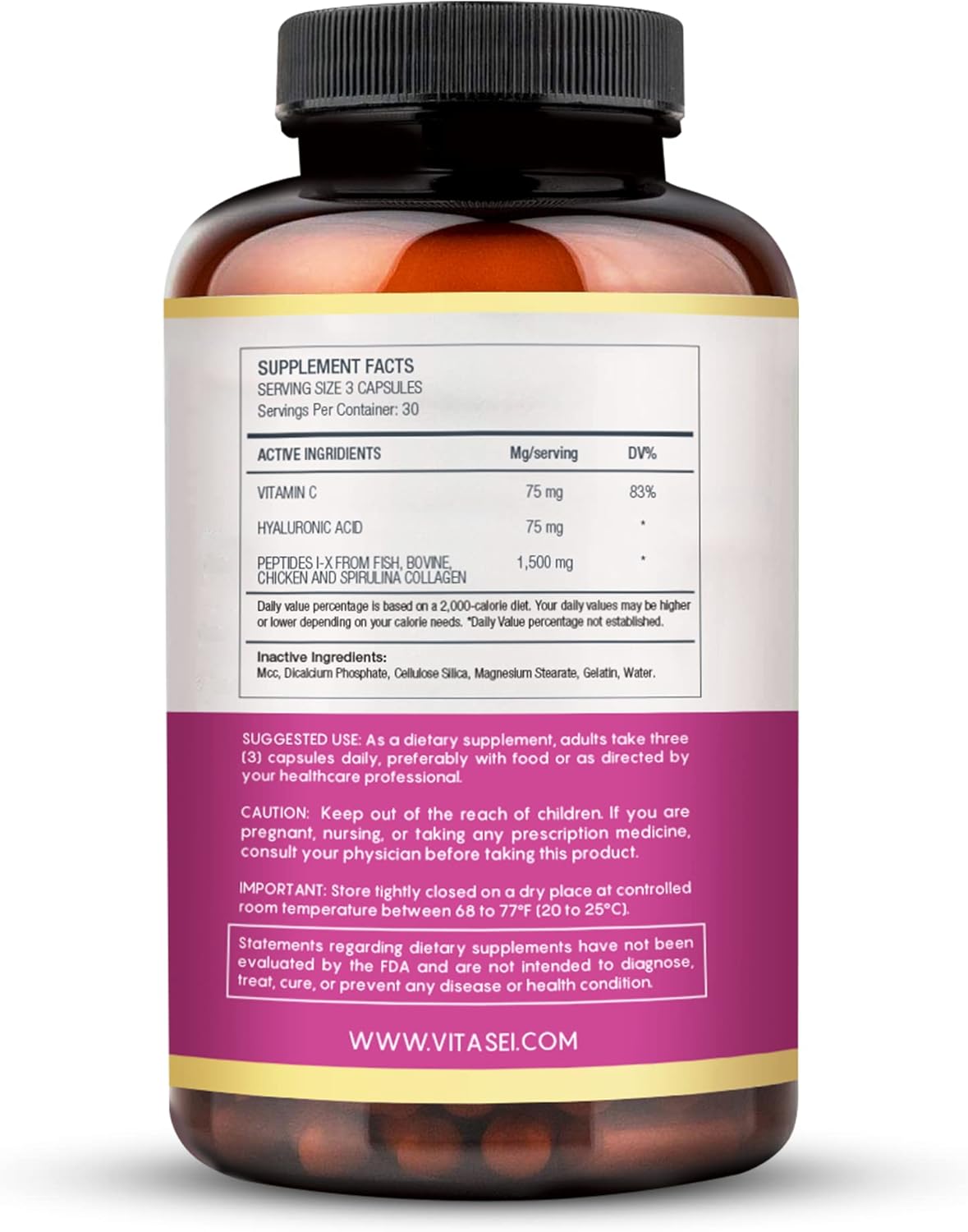 VITASEI Collagen Supplements for Hair, Skin, Nails, and Joints - Type I & X Collagen Peptides with Hyaluronic Acid and Vitamin C - 90 Capsules for Women & Men