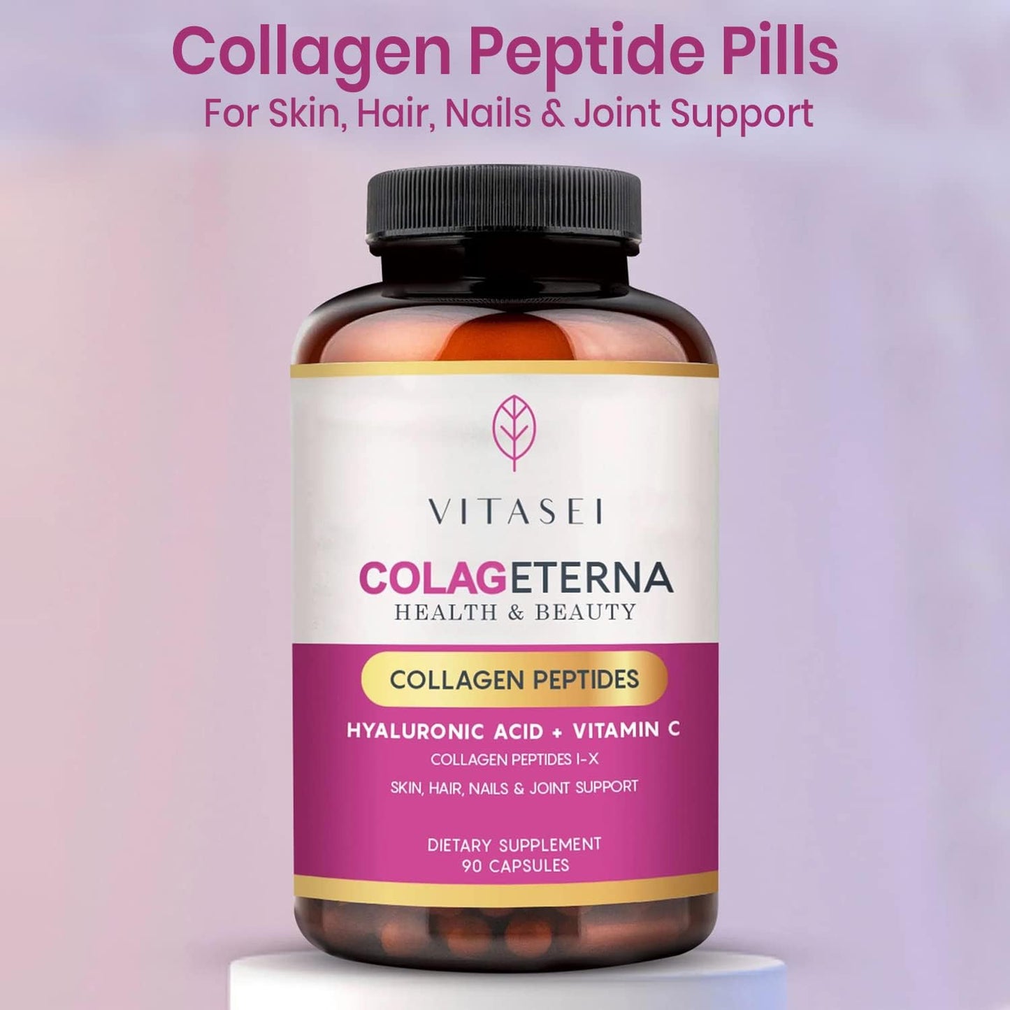 VITASEI Collagen Supplements for Hair, Skin, Nails, and Joints - Type I & X Collagen Peptides with Hyaluronic Acid and Vitamin C - 90 Capsules for Women & Men
