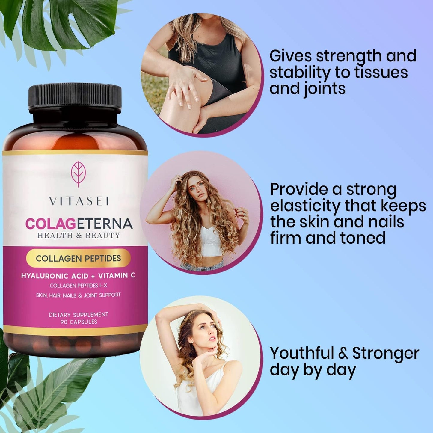 VITASEI Collagen Supplements for Hair, Skin, Nails, and Joints - Type I & X Collagen Peptides with Hyaluronic Acid and Vitamin C - 90 Capsules for Women & Men