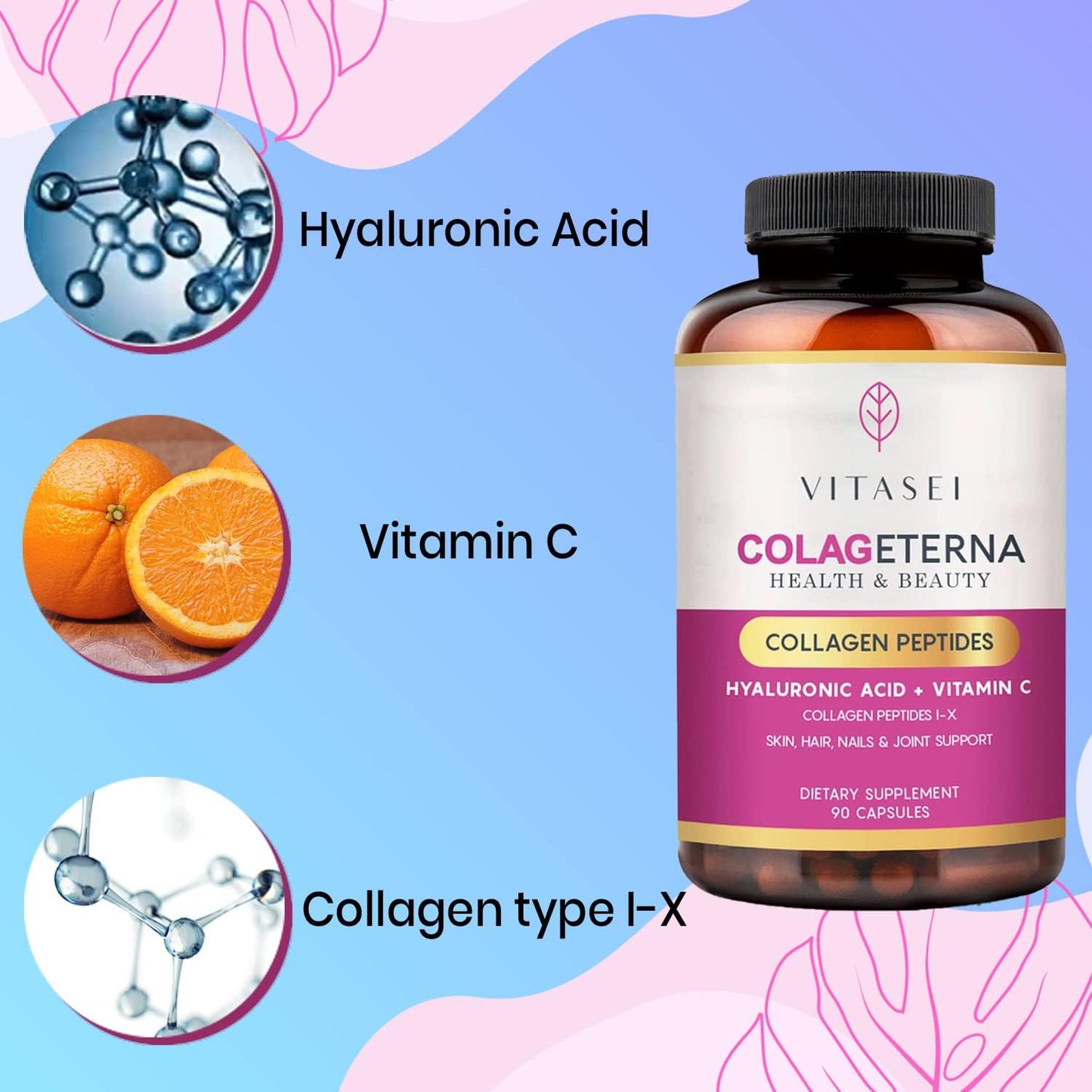 VITASEI Collagen Supplements for Hair, Skin, Nails, and Joints - Type I & X Collagen Peptides with Hyaluronic Acid and Vitamin C - 90 Capsules for Women & Men