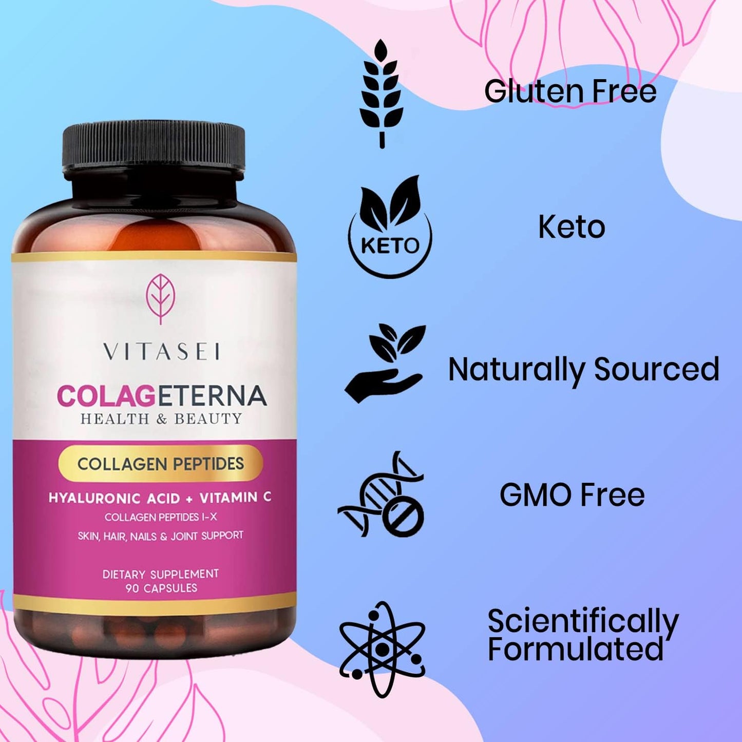 VITASEI Collagen Supplements for Hair, Skin, Nails, and Joints - Type I & X Collagen Peptides with Hyaluronic Acid and Vitamin C - 90 Capsules for Women & Men