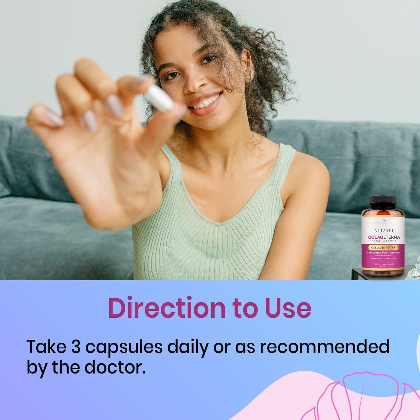 VITASEI Collagen Supplements for Hair, Skin, Nails, and Joints - Type I & X Collagen Peptides with Hyaluronic Acid and Vitamin C - 90 Capsules for Women & Men