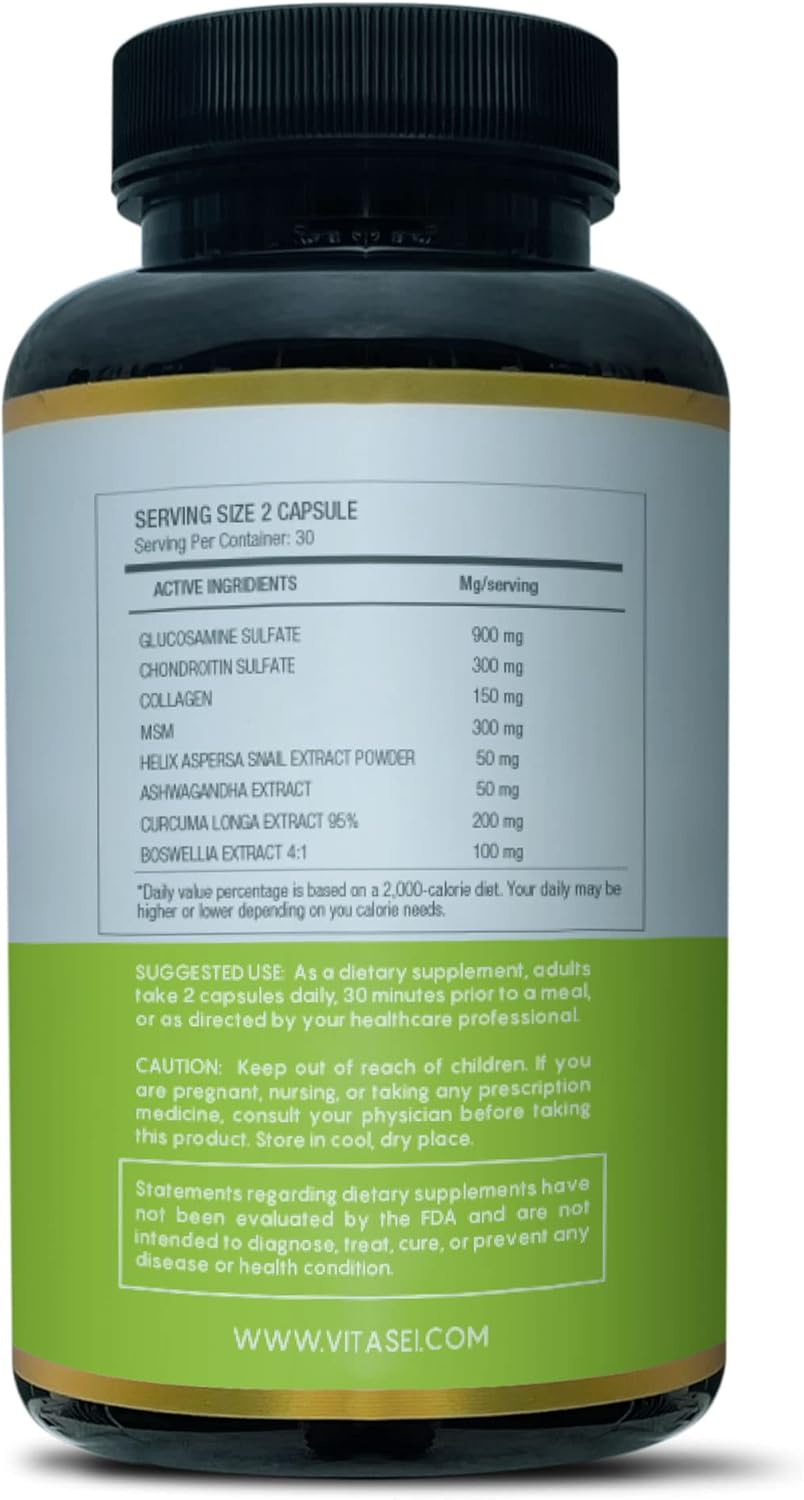 VITASEI Snail Complex Joint Supplement - 180 Capsules, Gluten-Free, Dairy-Free, Non-GMO, Vegan - with Glucosamine, Chondroitin, MSM, Collagen & More