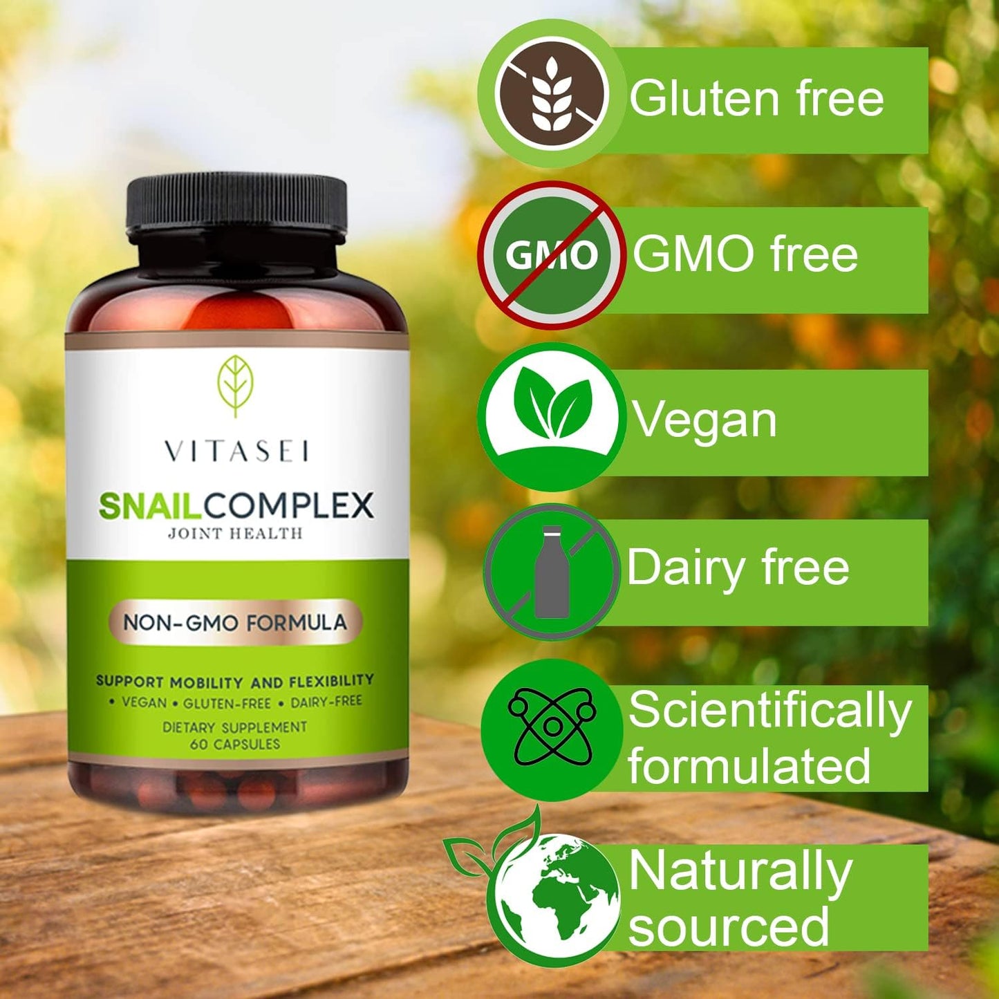 VITASEI Snail Complex Joint Supplement - 180 Capsules, Gluten-Free, Dairy-Free, Non-GMO, Vegan - with Glucosamine, Chondroitin, MSM, Collagen & More