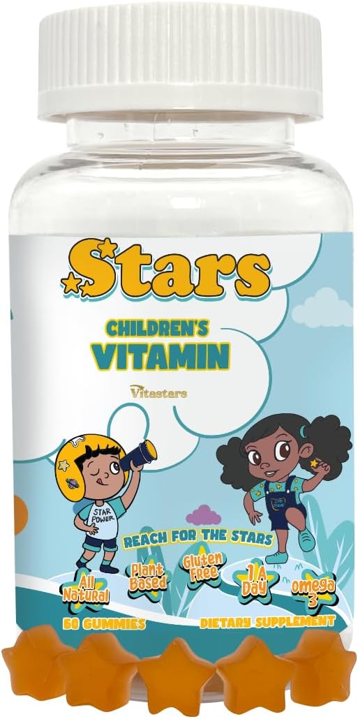 Vitastars Kids Multivitamin Gummies with Omega 3, Plant-Based Vitamins A, B, C, D, Manganese - 60 Gluten-Free Star-Shaped Gummy Vitamins for Children - BoostGo Australia