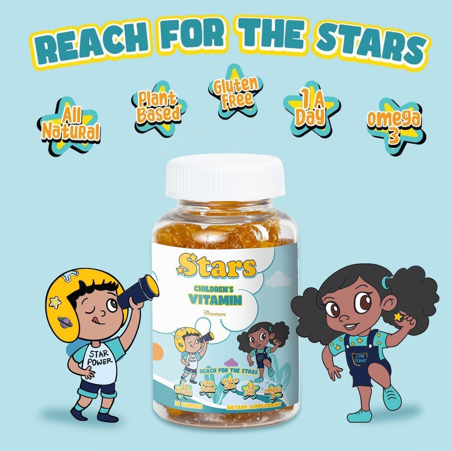 Vitastars Kids Multivitamin Gummies with Omega 3, Plant-Based Vitamins A, B, C, D, Manganese - 60 Gluten-Free Star-Shaped Gummy Vitamins for Children - BoostGo Australia