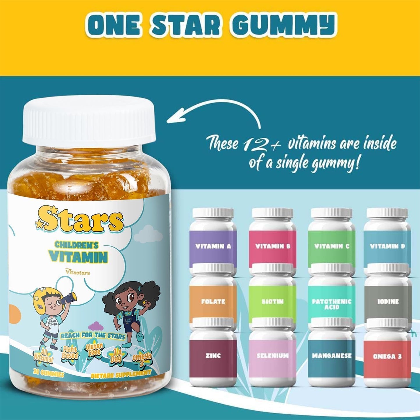 Vitastars Kids Multivitamin Gummies with Omega 3, Plant-Based Vitamins A, B, C, D, Manganese - 60 Gluten-Free Star-Shaped Gummy Vitamins for Children - BoostGo Australia