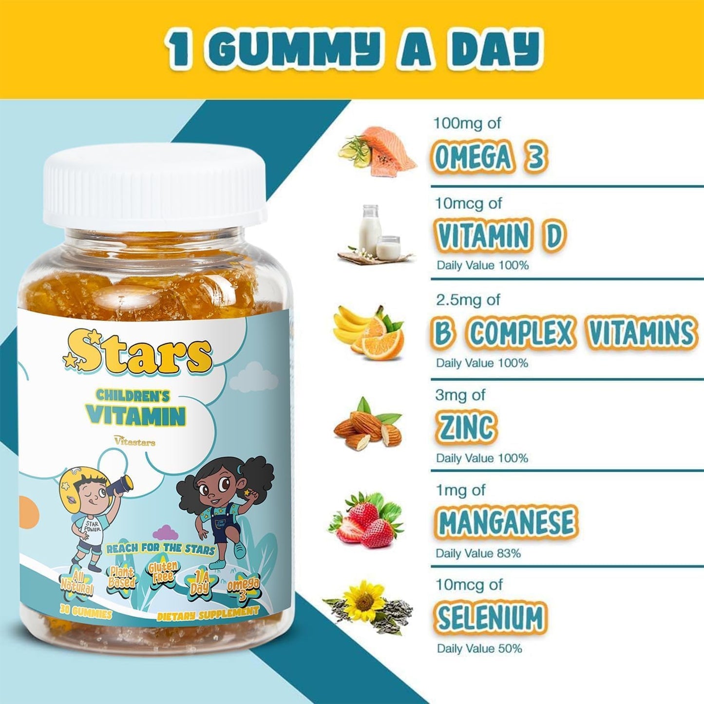 Vitastars Kids Multivitamin Gummies with Omega 3, Plant-Based Vitamins A, B, C, D, Manganese - 60 Gluten-Free Star-Shaped Gummy Vitamins for Children - BoostGo Australia