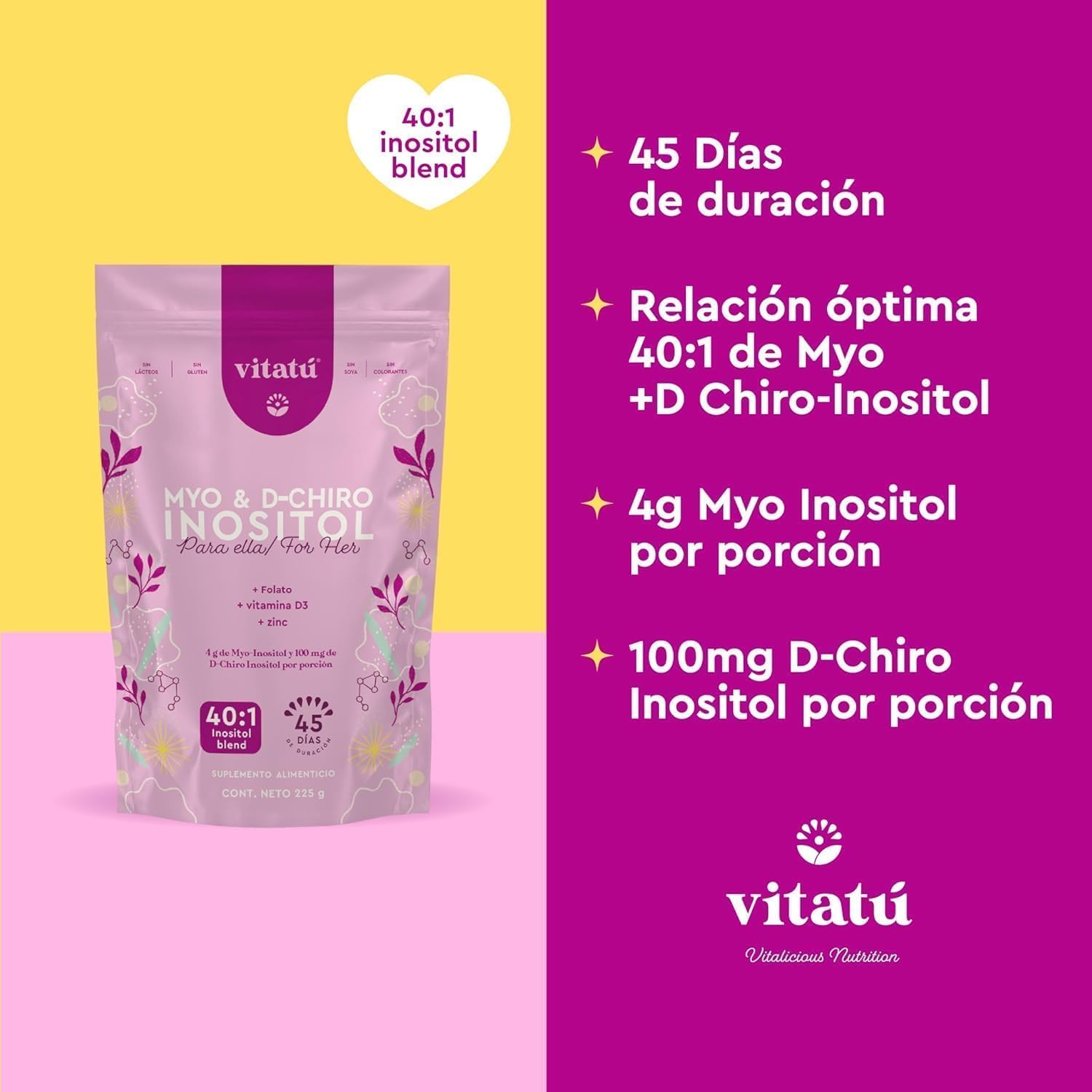 Vitatú Myo Inositol & D-Chiro Inositol 40:1 Mix with Folate, Vitamin D3, Zinc - Powdered Supplement for Women, 45 Day Supply
