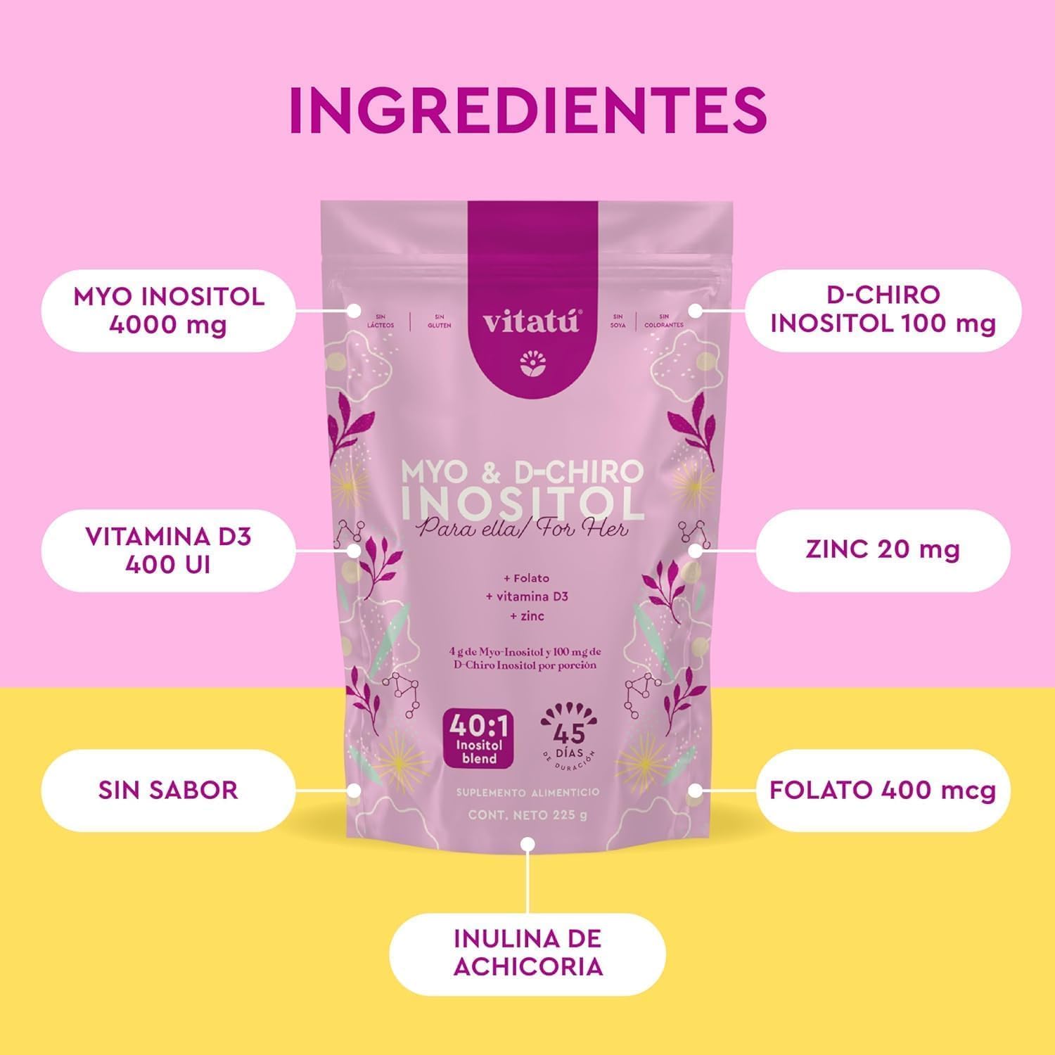 Vitatú Myo Inositol & D-Chiro Inositol 40:1 Mix with Folate, Vitamin D3, Zinc - Powdered Supplement for Women, 45 Day Supply