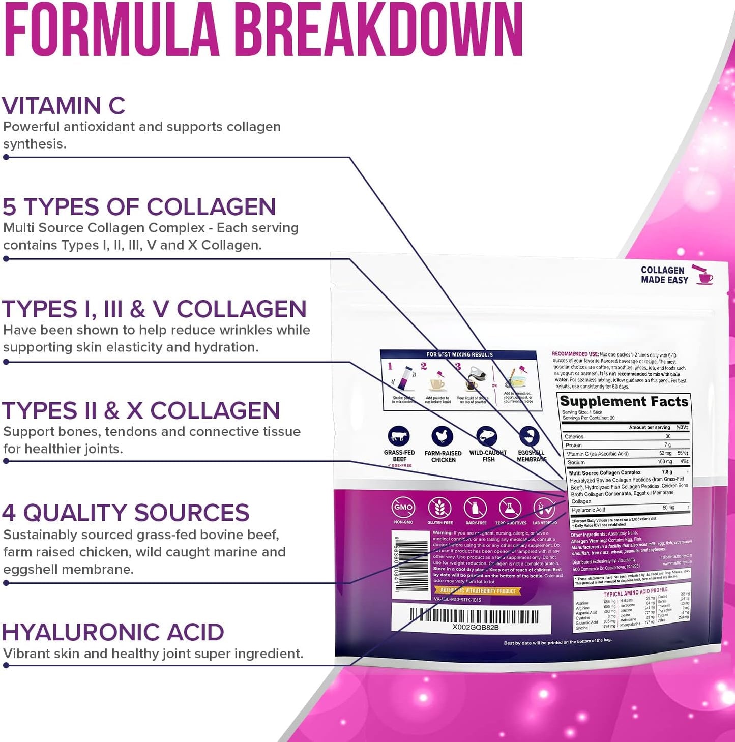 Vitauthority Multi Collagen Peptides with Hyaluronic Acid, Vitamin C - 20 Stick Packs - Unflavored