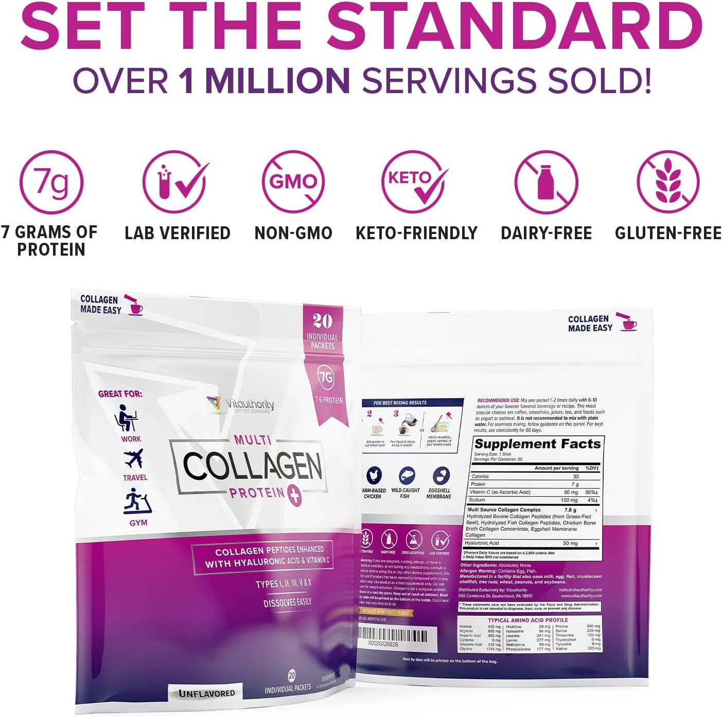 Vitauthority Multi Collagen Peptides with Hyaluronic Acid, Vitamin C - 20 Stick Packs - Unflavored