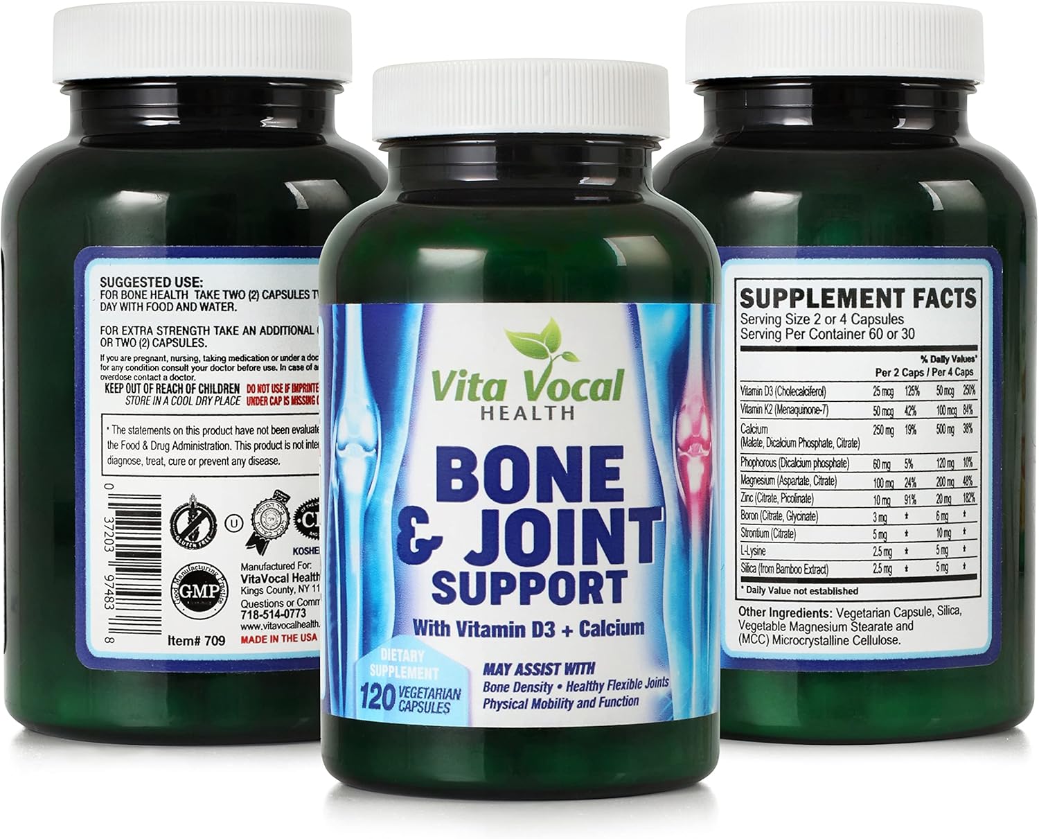 VitaVocal Bone and Joint Support Capsules with D3, K2, Calcium, Magnesium - Promotes Healthy Bones and Joints - 120 Vegetarian Capsules