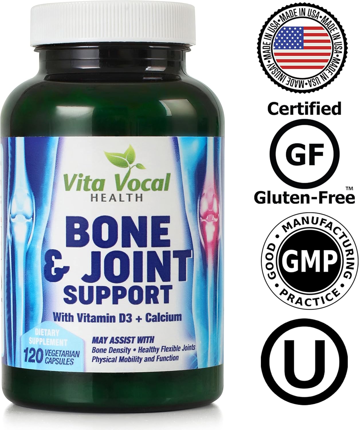VitaVocal Bone and Joint Support Capsules with D3, K2, Calcium, Magnesium - Promotes Healthy Bones and Joints - 120 Vegetarian Capsules