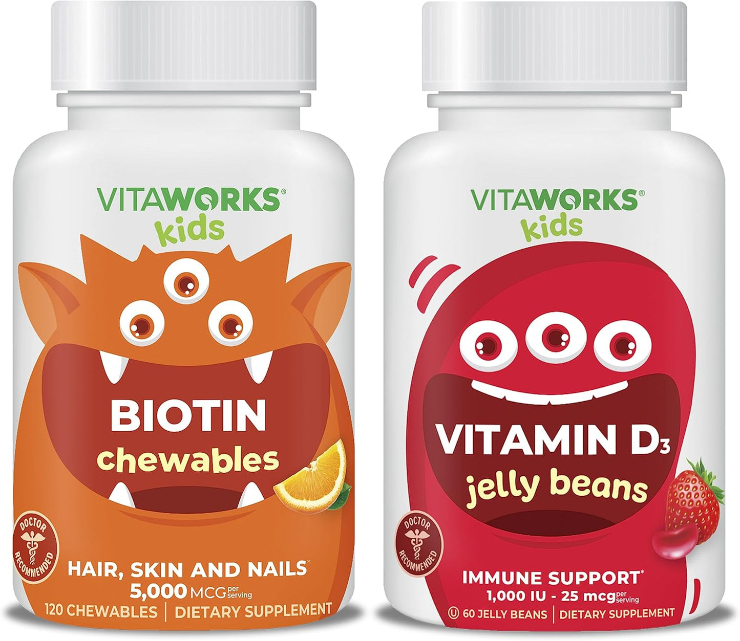 VitaWorks Kids Biotin 5000mcg Chewables with Vitamin D3 1000 IU Jelly Beans - Bundle Deal