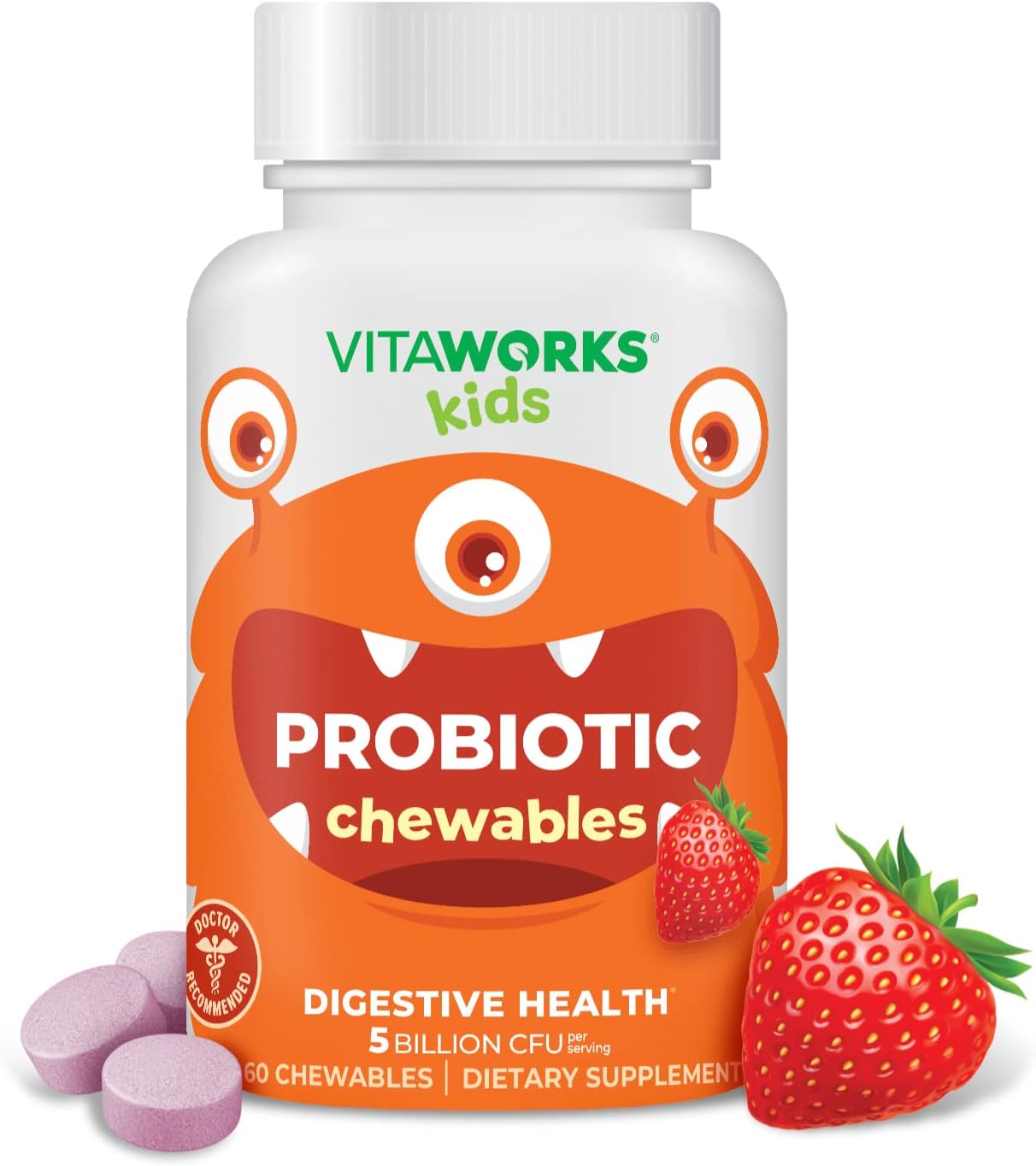 VitaWorks Kids Probiotic Chewable Tablets - Berry Flavor - 5 Billion CFU, Prebiotic Fiber, Vegan, Nut Free - Digestive Health - 60 Count - BoostGo Australia