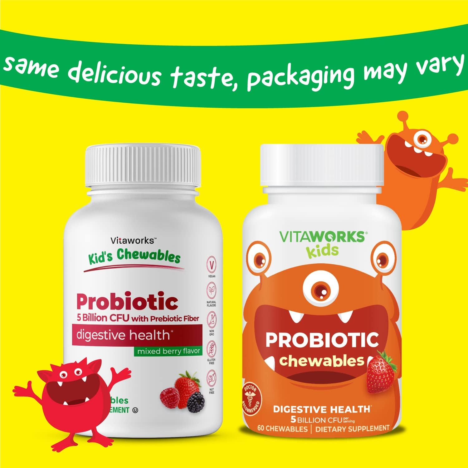 VitaWorks Kids Probiotic Chewable Tablets - Berry Flavor - 5 Billion CFU, Prebiotic Fiber, Vegan, Nut Free - Digestive Health - 60 Count - BoostGo Australia