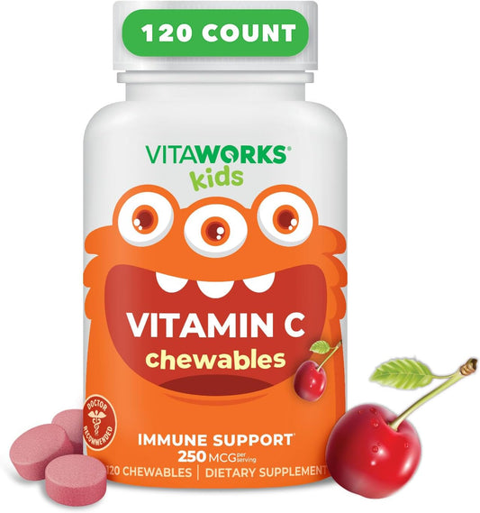 VitaWorks Kids Vitamin C Chewable Tablets 250mg - Natural Cherry Flavor - Vegan, GMO-Free, Gluten Free, Nut Free - Immune Support - 120 Chewables - BoostGo Australia
