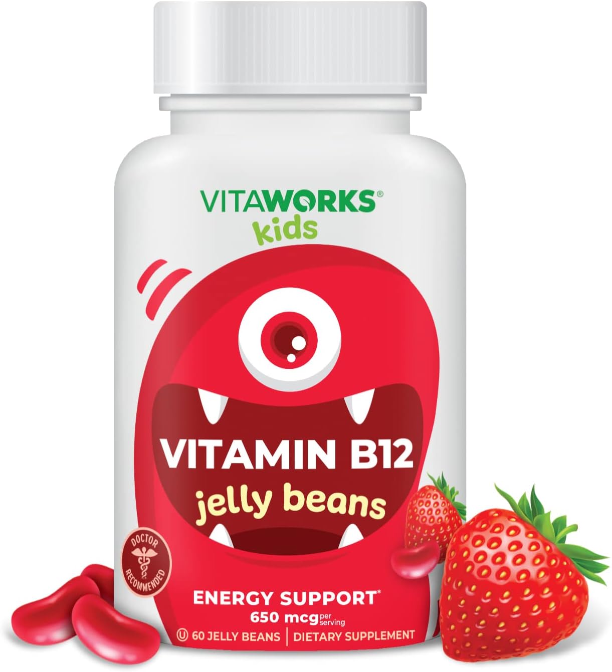 VitaWorks Vitamin B12 650mcg Berry Blast Jelly Beans for Kids - Vegan & GMO-Free Energy Support - 60 Jellies - BoostGo Australia