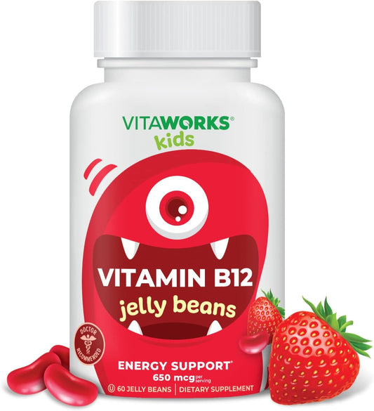 VitaWorks Vitamin B12 650mcg Berry Blast Jelly Beans for Kids - Vegan & GMO-Free Energy Support - 60 Jellies - BoostGo Australia