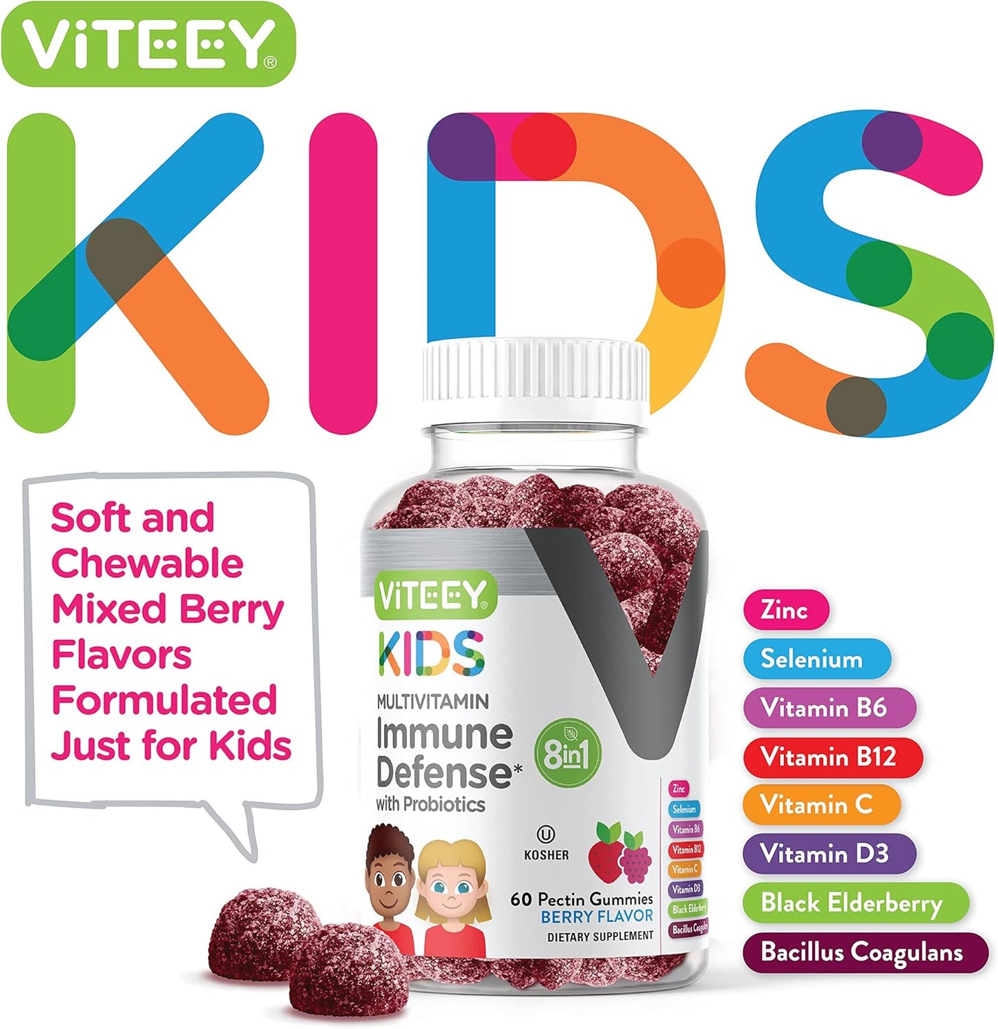 Viteey Kids Multivitamin Gummies with Probiotics - Immune Health Support with Vitamin C, D3, B12, B6, Zinc, Elderberry - Vegetarian - Berry Flavored
