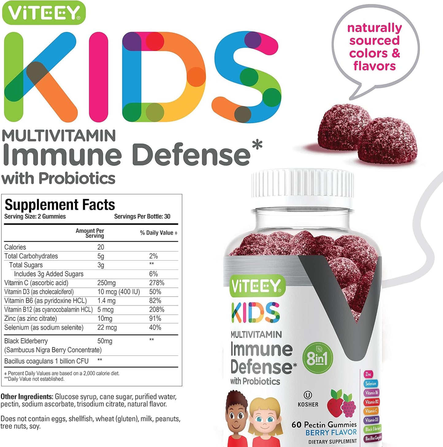 Viteey Kids Multivitamin Gummies with Probiotics - Immune Health Support with Vitamin C, D3, B12, B6, Zinc, Elderberry - Vegetarian - Berry Flavored