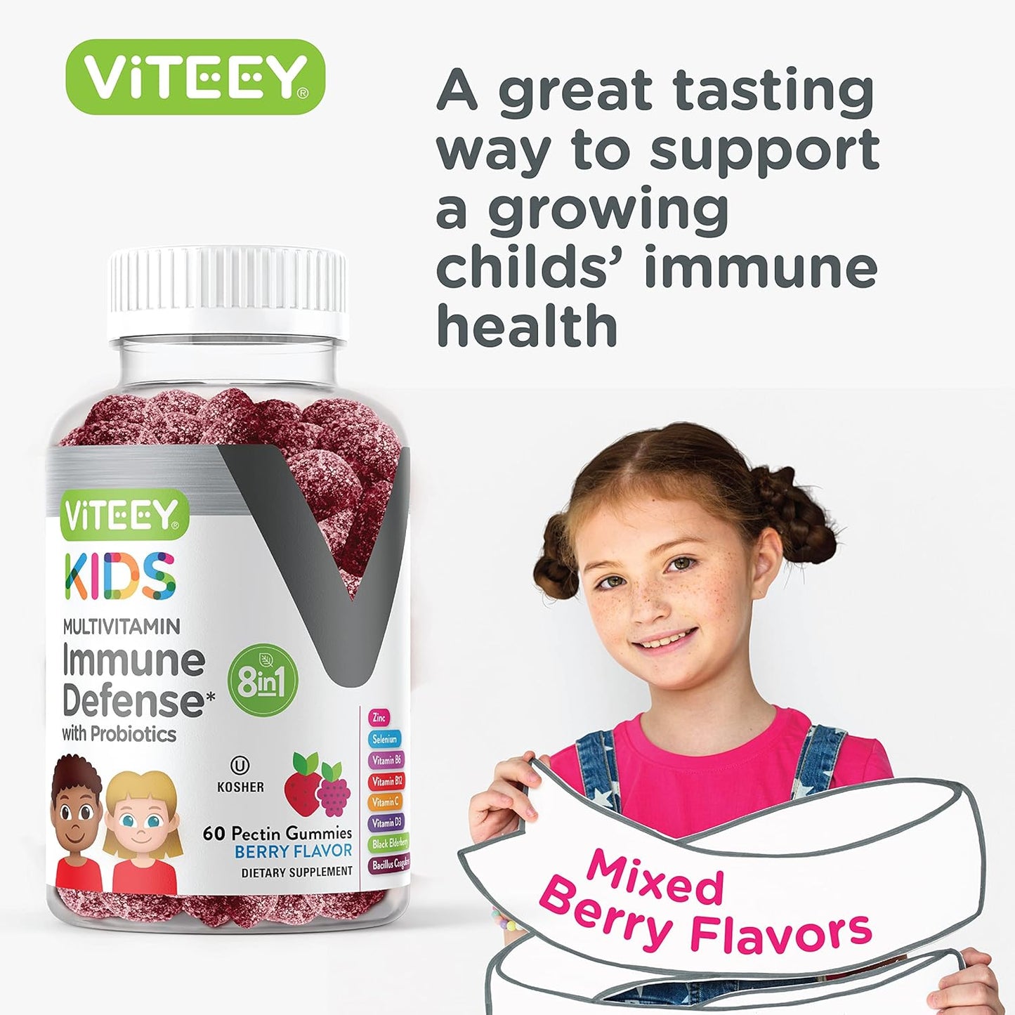 Viteey Kids Multivitamin Gummies with Probiotics - Immune Health Support with Vitamin C, D3, B12, B6, Zinc, Elderberry - Vegetarian - Berry Flavored