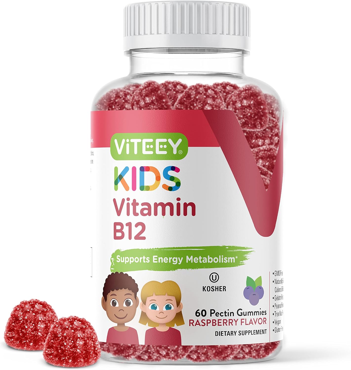 Viteey Kids Vitamin B12 Gummies - 1000mcg Metabolism & Energy Support - Vegan, Gelatin, Gluten, GMO Free - Raspberry Flavored Chewable B12