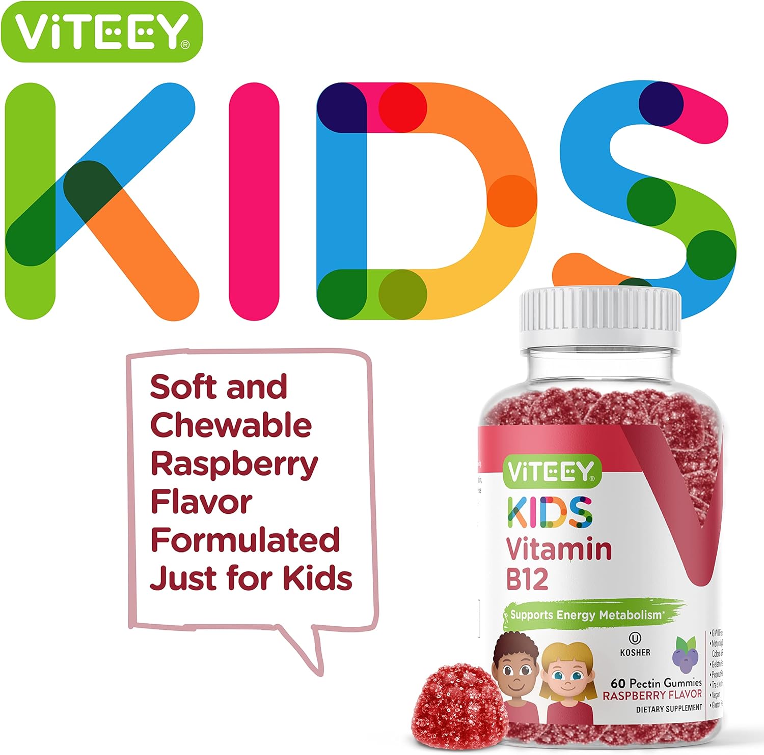 Viteey Kids Vitamin B12 Gummies - 1000mcg Metabolism & Energy Support - Vegan, Gelatin, Gluten, GMO Free - Raspberry Flavored Chewable B12