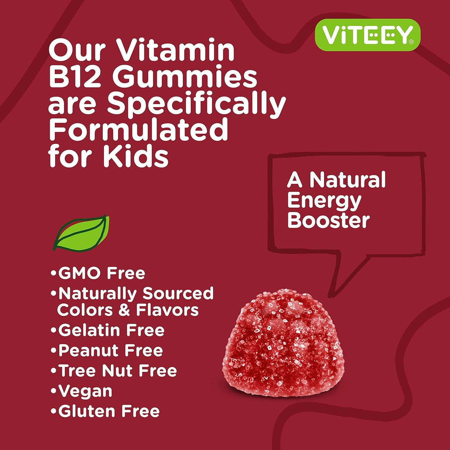 Viteey Kids Vitamin B12 Gummies - 1000mcg Metabolism & Energy Support - Vegan, Gelatin, Gluten, GMO Free - Raspberry Flavored Chewable B12