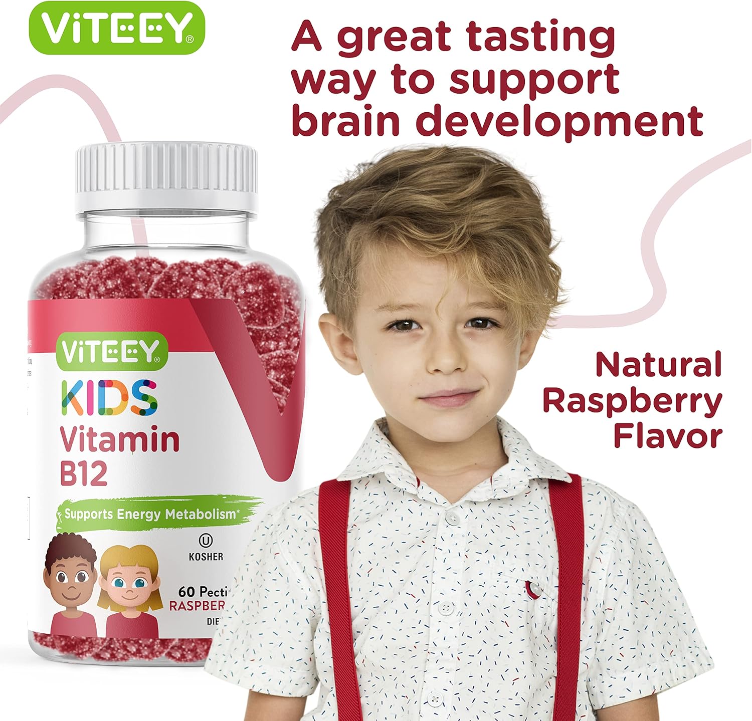 Viteey Kids Vitamin B12 Gummies - 1000mcg Metabolism & Energy Support - Vegan, Gelatin, Gluten, GMO Free - Raspberry Flavored Chewable B12