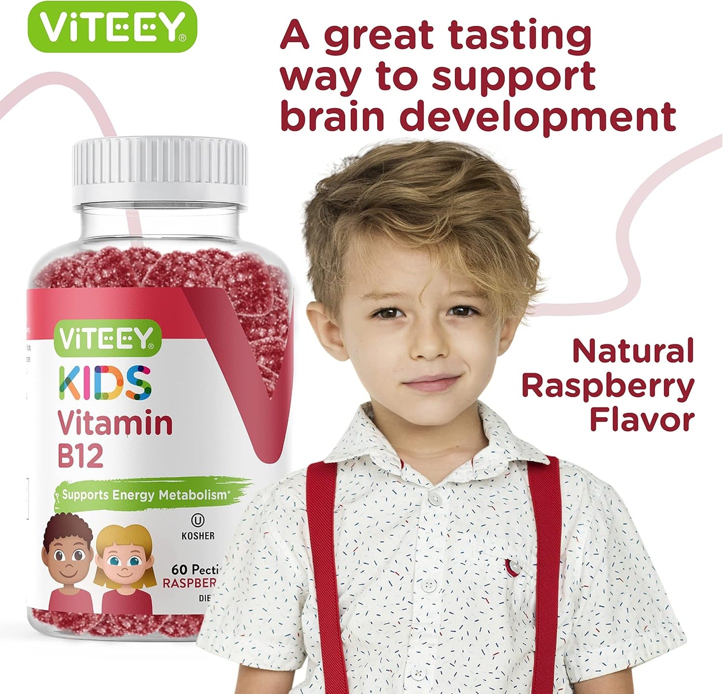 Viteey Kids Vitamin B12 Gummies - 1000mcg Metabolism & Energy Support - Vegan, Gelatin, Gluten, GMO Free - Raspberry Flavored Chewable B12