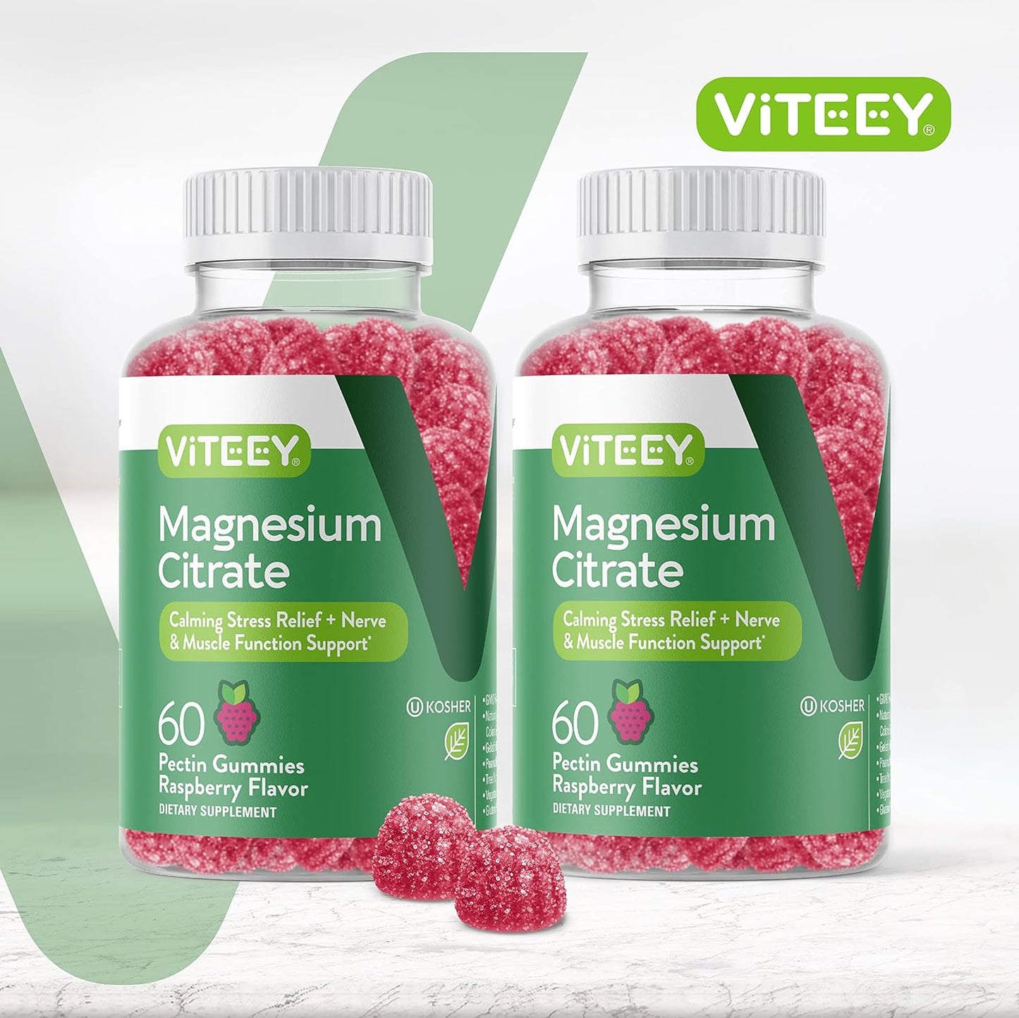 Viteey Magnesium Citrate Gummies for Adults & Teens - 66mg, Supports Calm Mood, Relaxation, Muscle Function - Vegetarian, Gelatin Free, GMO Free - Raspberry Flavored Chewable Gummy