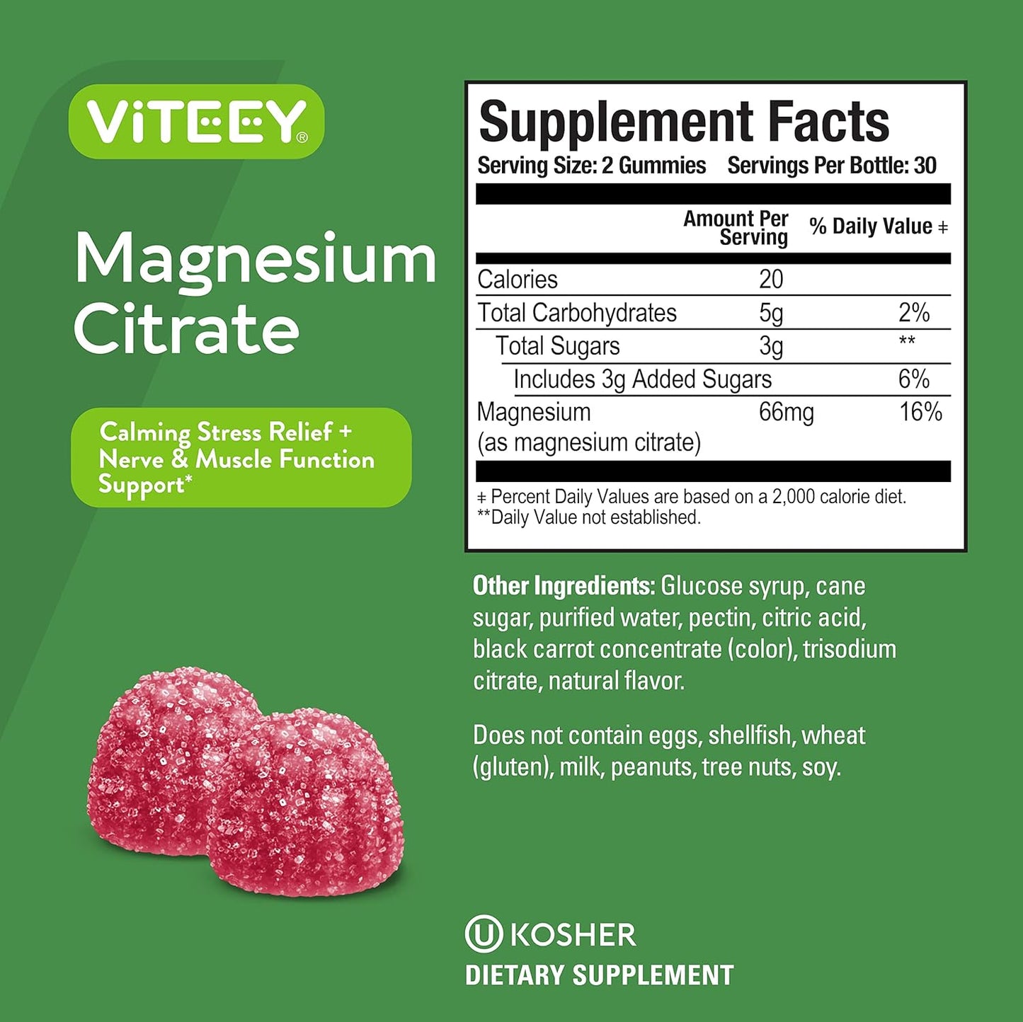 Viteey Magnesium Citrate Gummies for Adults & Teens - 66mg, Supports Calm Mood, Relaxation, Muscle Function - Vegetarian, Gelatin Free, GMO Free - Raspberry Flavored Chewable Gummy