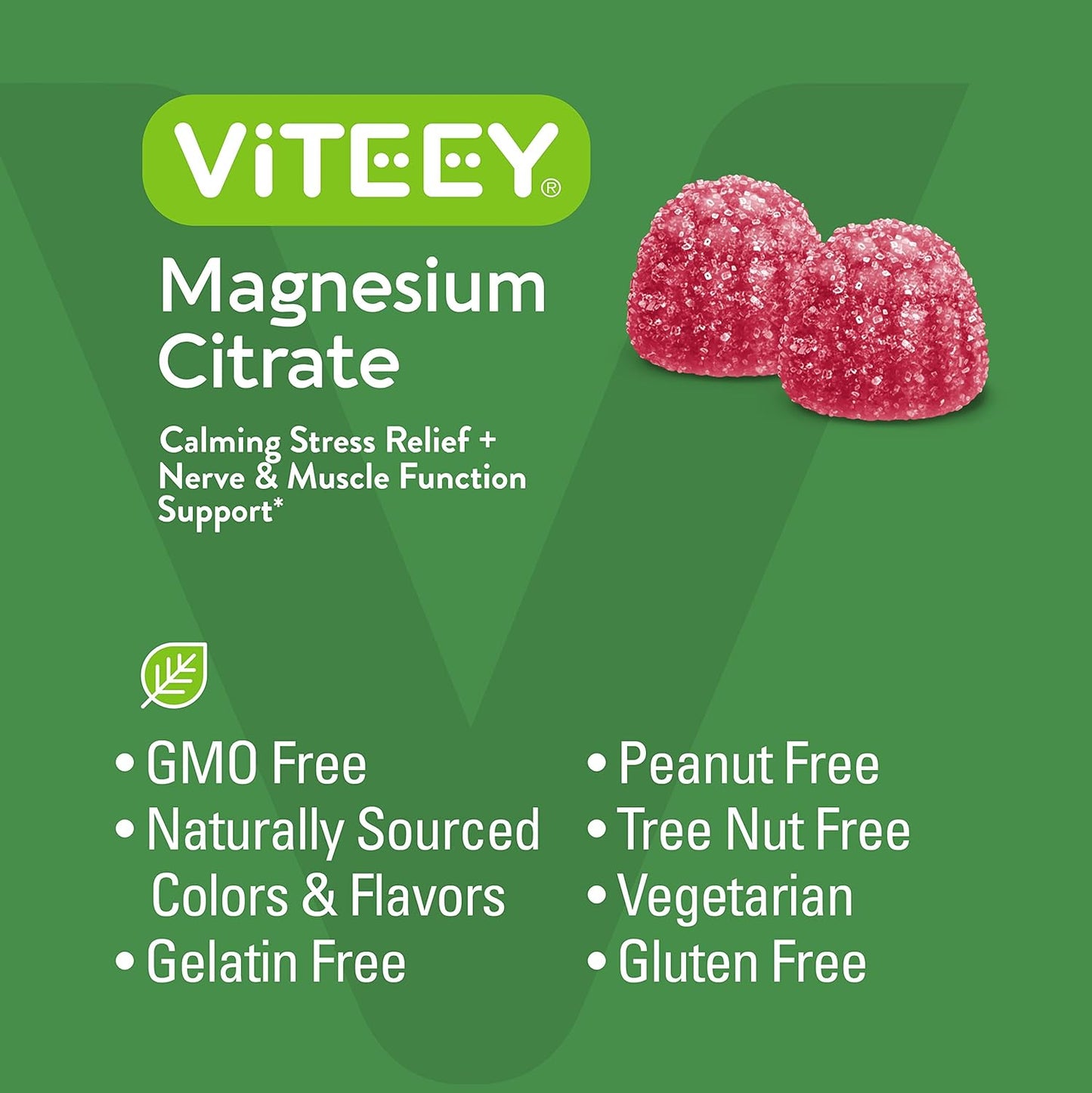 Viteey Magnesium Citrate Gummies for Adults & Teens - 66mg, Supports Calm Mood, Relaxation, Muscle Function - Vegetarian, Gelatin Free, GMO Free - Raspberry Flavored Chewable Gummy