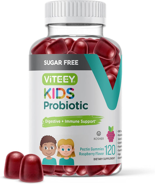 Viteey Probiotic Gummies for Kids - 2 Billion CFUs - Natural Constipation Relief, Immune & Digestive Health Support - Vegan & GMO Free - Raspberry Flavored Gummy