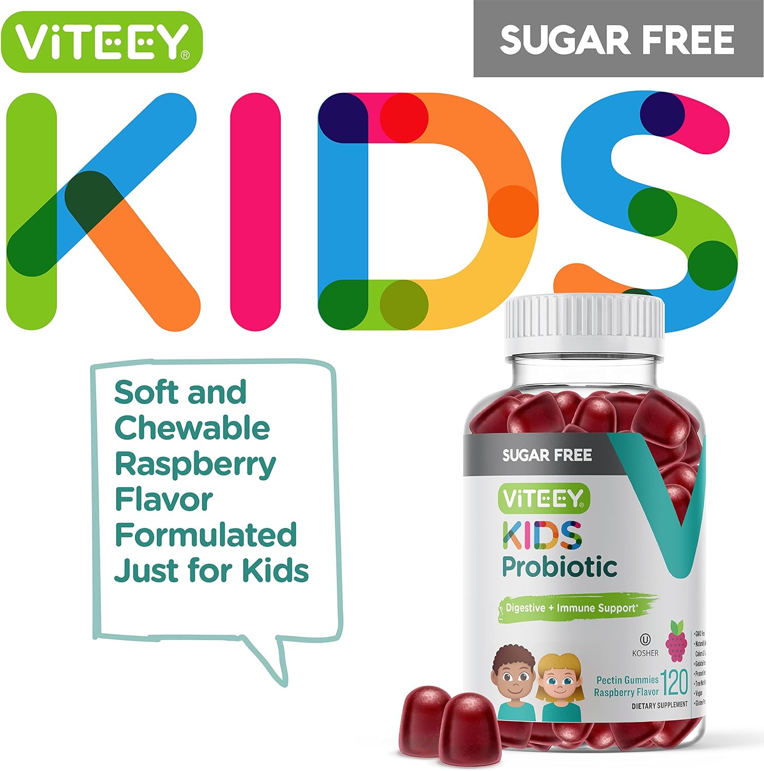 Viteey Probiotic Gummies for Kids - 2 Billion CFUs - Natural Constipation Relief, Immune & Digestive Health Support - Vegan & GMO Free - Raspberry Flavored Gummy